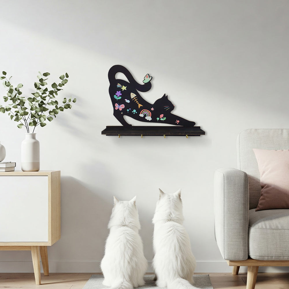 Wooden Floating Shelves for Wall, Cat Shape Wall Shelf Wall Decor Crystal Rock Gem Stone Display Shelf, Trinket Knick Knack Shelf