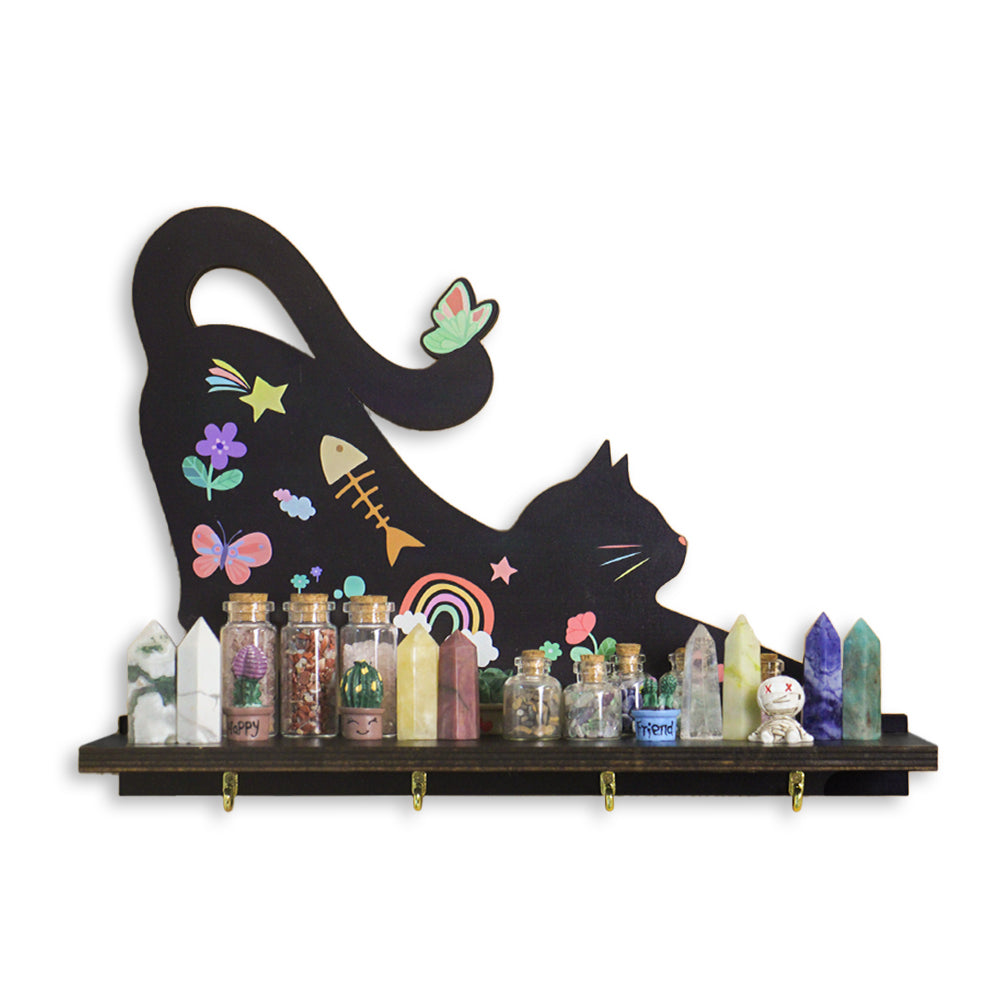 Wooden Floating Shelves for Wall, Cat Shape Wall Shelf Wall Decor Crystal Rock Gem Stone Display Shelf, Trinket Knick Knack Shelf