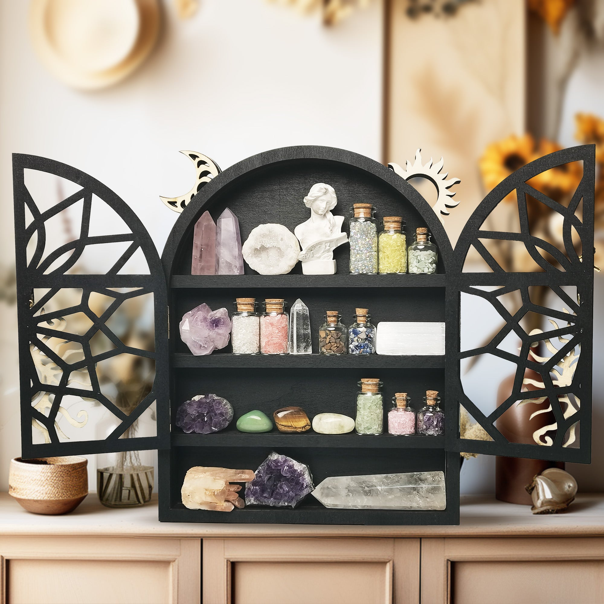Sun & Moon Shelf, Crystal Display Shelf Wall Mounted , Wooden Crescent Moon Phase Shelf Display Cabinet for Gem Stone Rock Collection, Crystal Holder Vintage Arch Shelf Spiritual Home Room Wall Decor
