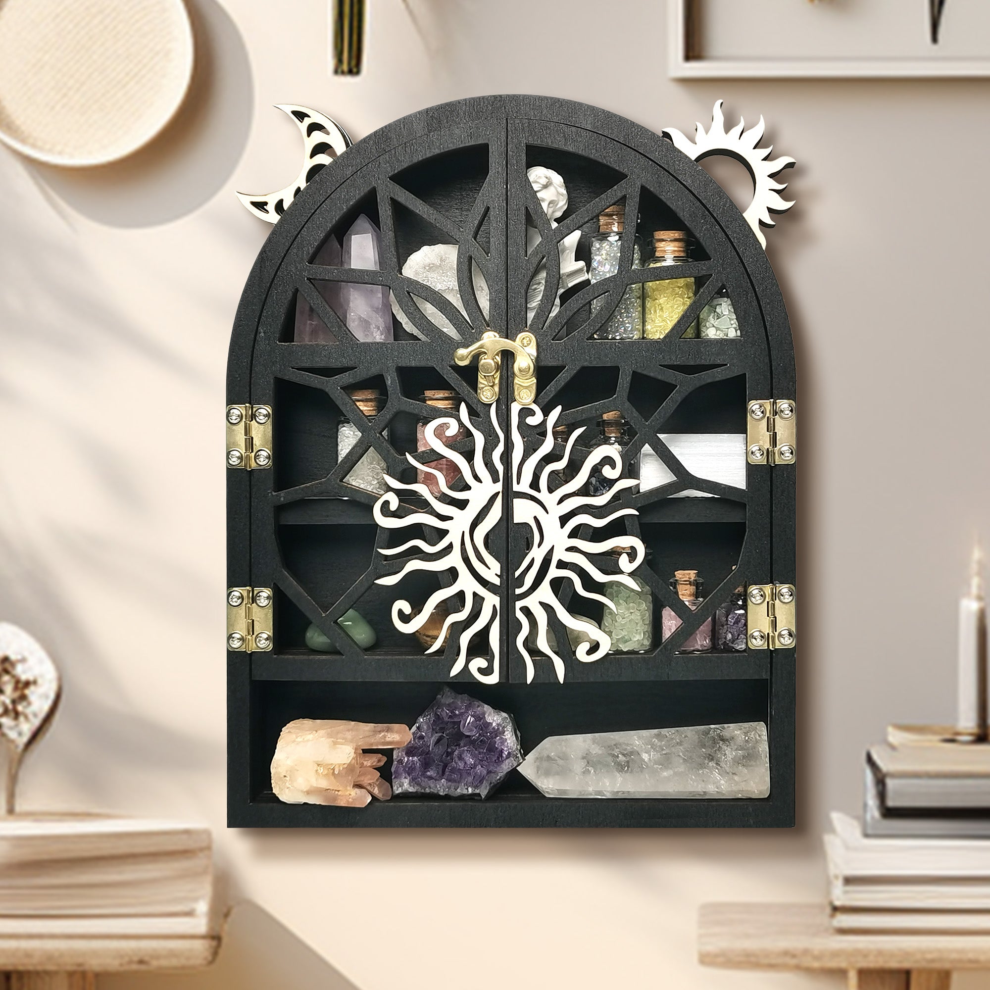 Sun & Moon Shelf, Crystal Display Shelf Wall Mounted , Wooden Crescent Moon Phase Shelf Display Cabinet for Gem Stone Rock Collection, Crystal Holder Vintage Arch Shelf Spiritual Home Room Wall Decor