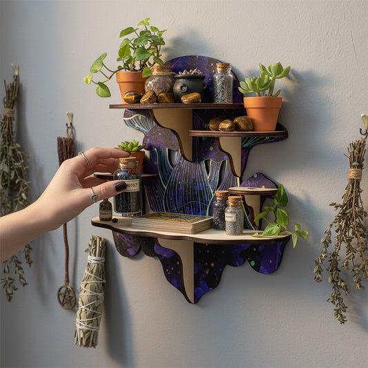 Wiccan Mushroom Decor, Wooden Floating Mushroom Shelf For Wall, Crystal Display Shelf Rock Gem Stone Display Shelf Wall Mounted