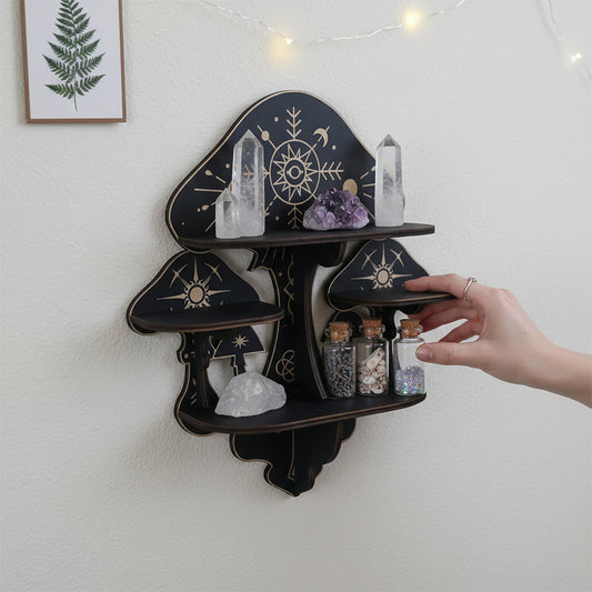 Wooden Mushroom Floating Shelves, Crystal Display Shelf For Wall, Wiccan Incantation Mushroom Wall Decor, Rock Gem Stone Storage Organizer, Essential Oil Holder Hanging Case, Meditation Art Spiritual Gift