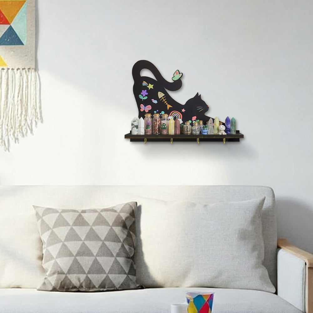 Wooden Floating Shelves for Wall, Cat Shape Wall Shelf Wall Decor Crystal Rock Gem Stone Display Shelf, Trinket Knick Knack Shelf