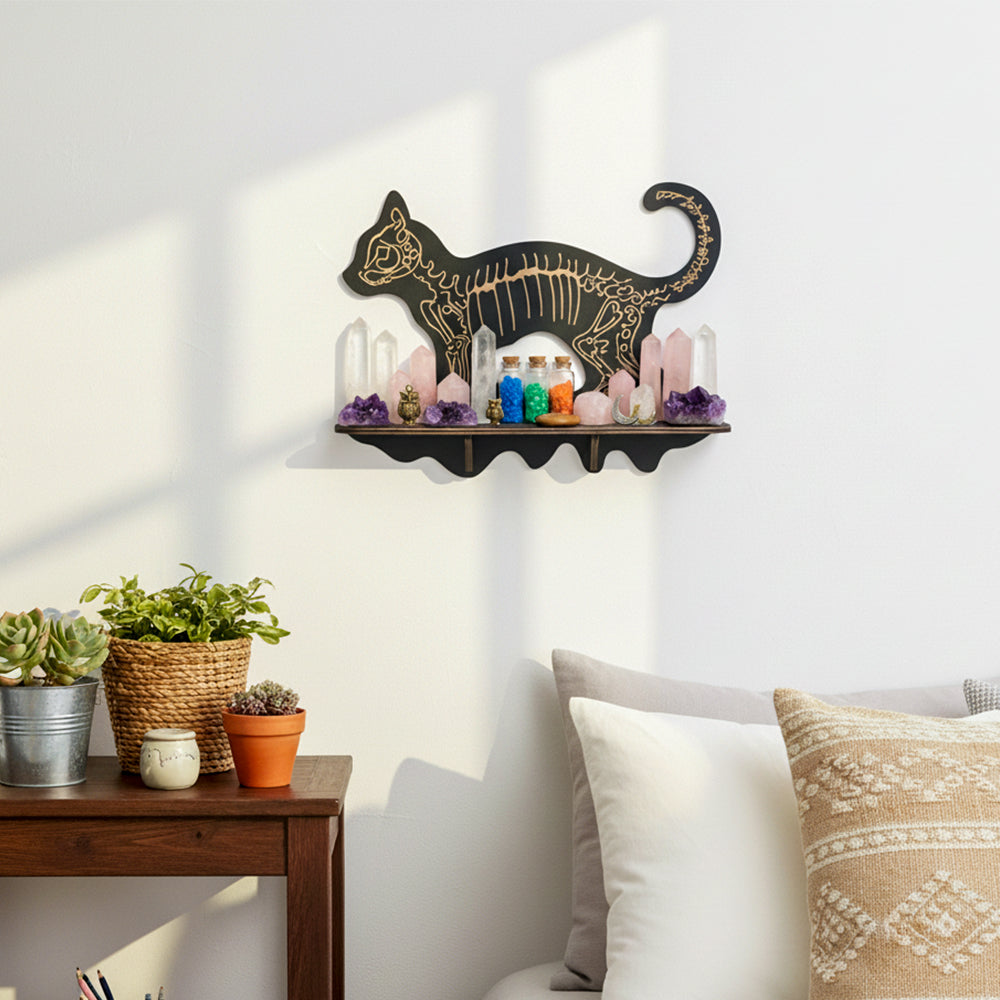 FNYDOXGI Skeleton Cat Crystal Display Shelf, Rock Gem Stone Holder, Essential Oils Nail Polish Organizer, Trinket Knick Knack Shelf Wall Mounted, Witch Witchy Wiccan Home Decor