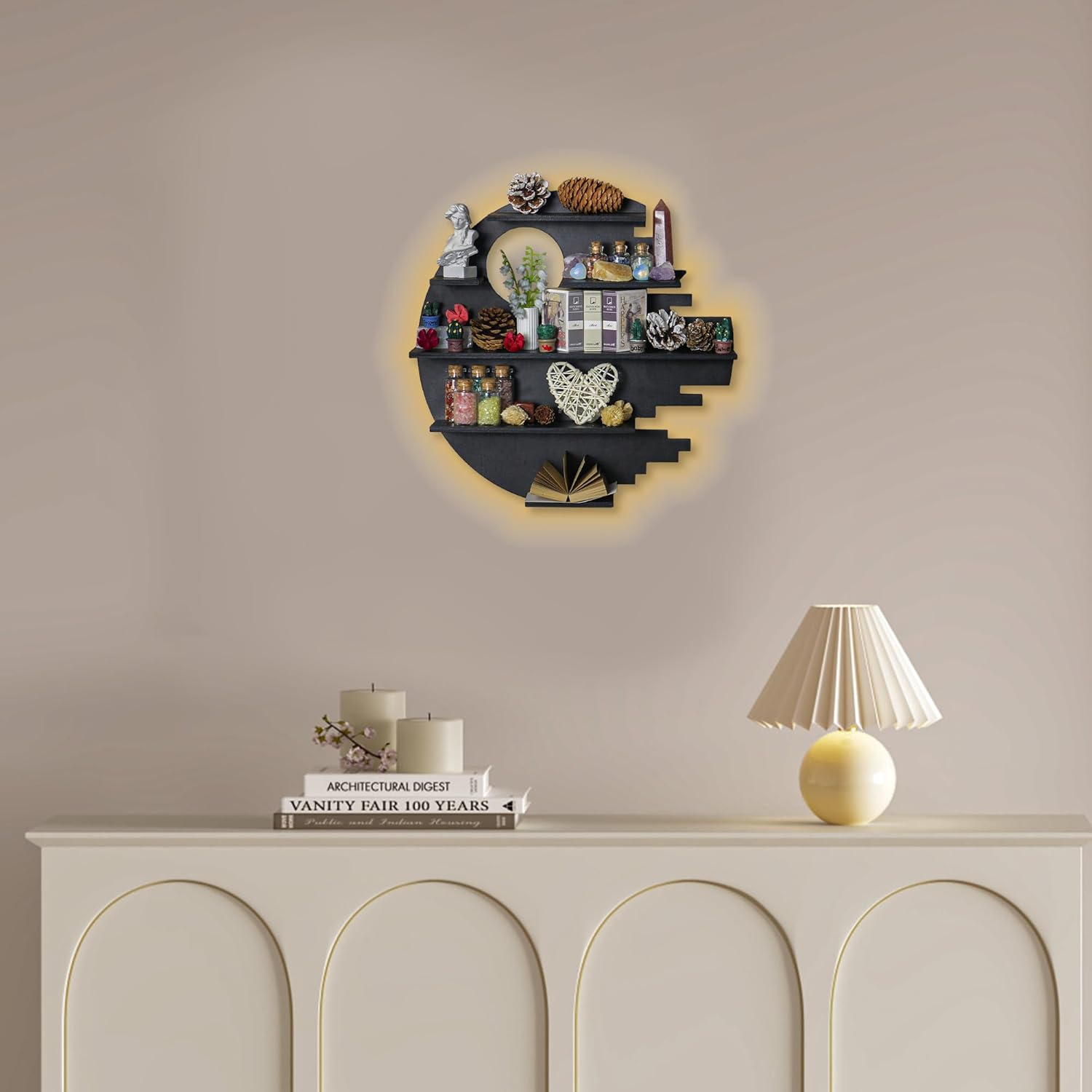 Wooden Moon Shelf with RGB Lights, Crystal Shelf Display for Wall Rock Gem Stone Shelf Witchy Trinkets Holder Boho Wall Decor Floating Shelves for Nail Polish & Essential Oil