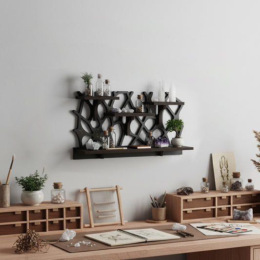 Spider Web Floating Shelf - FNYDOXGI Gothic Halloween Hanging Shelf with Hooks for Wall Oddities and Curiosities - Black Spooky Goth Wall Decor for Kitchen and Home - Crystal Display Shelf for Stones