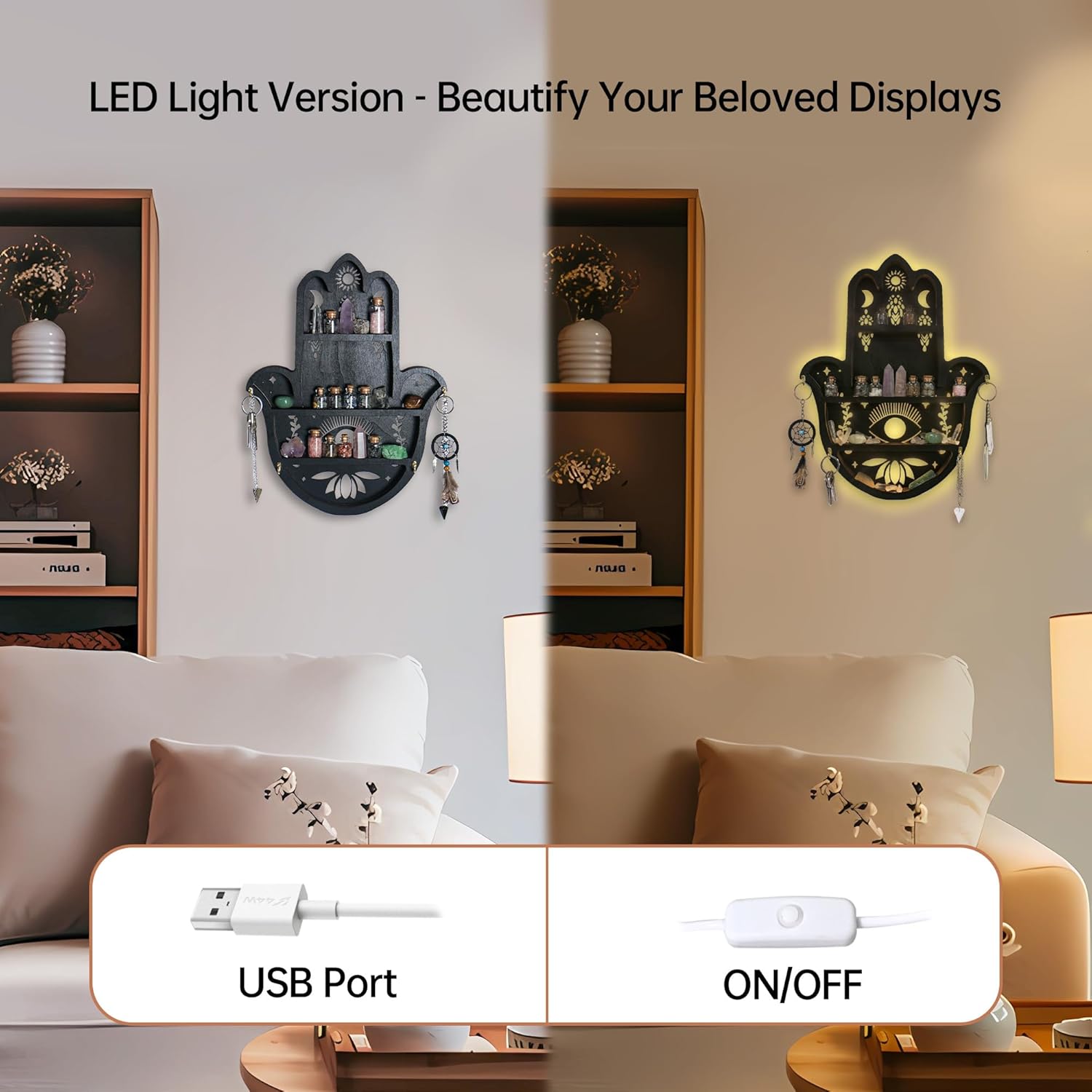 Hamsa Hand Crystal Shelf Display for Wall with 4 Hooks & LED Light, Wooden Knick Knack Display Shelf, Sun & Moon Gem Stone Rock Organizer Trinket Storage Holder
