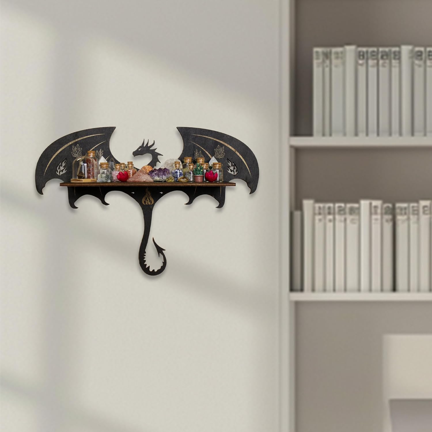 Gothic Evil Dragon Decor Crystal Display Shelf for Wall, Wooden Witchy Shelf Rock Display Case Knick Knack Organizer Trinket Holder, Wall Hanging Shelves for Essential Oil & Nail Polish