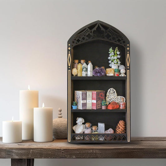 Gothic Crystal Shelf Display for Wall, Wooden Rock Gem Healing Stone Display Shelf Wall Mounted, Crystal Holder Trinket Organizer Knick Knack Shelf, Gothic Witchy Decor Gifts for Women - 2025 UPGRADED