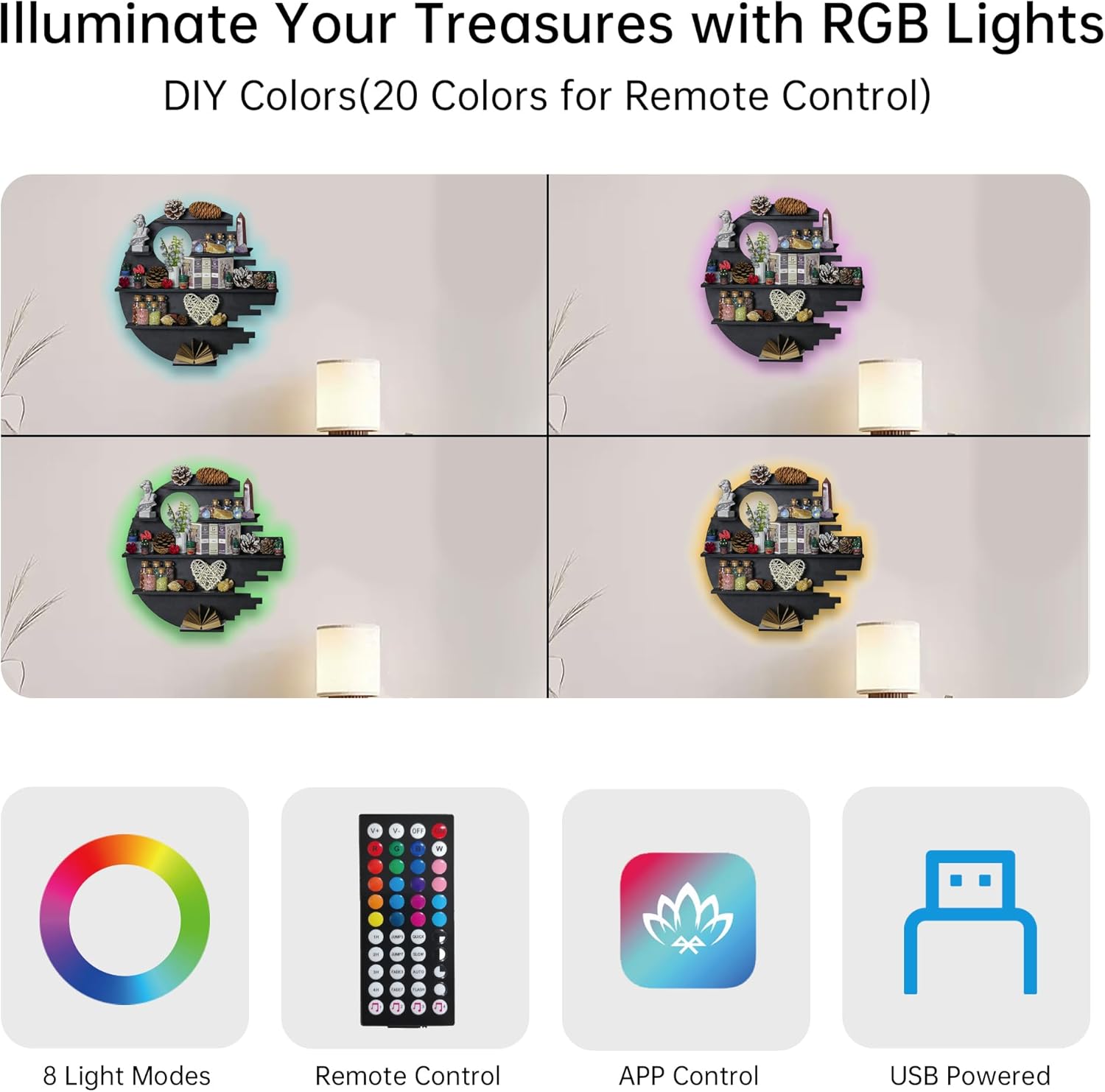 Wooden Moon Shelf with RGB Lights, Crystal Shelf Display for Wall Rock Gem Stone Shelf Witchy Trinkets Holder Boho Wall Decor Floating Shelves for Nail Polish & Essential Oil