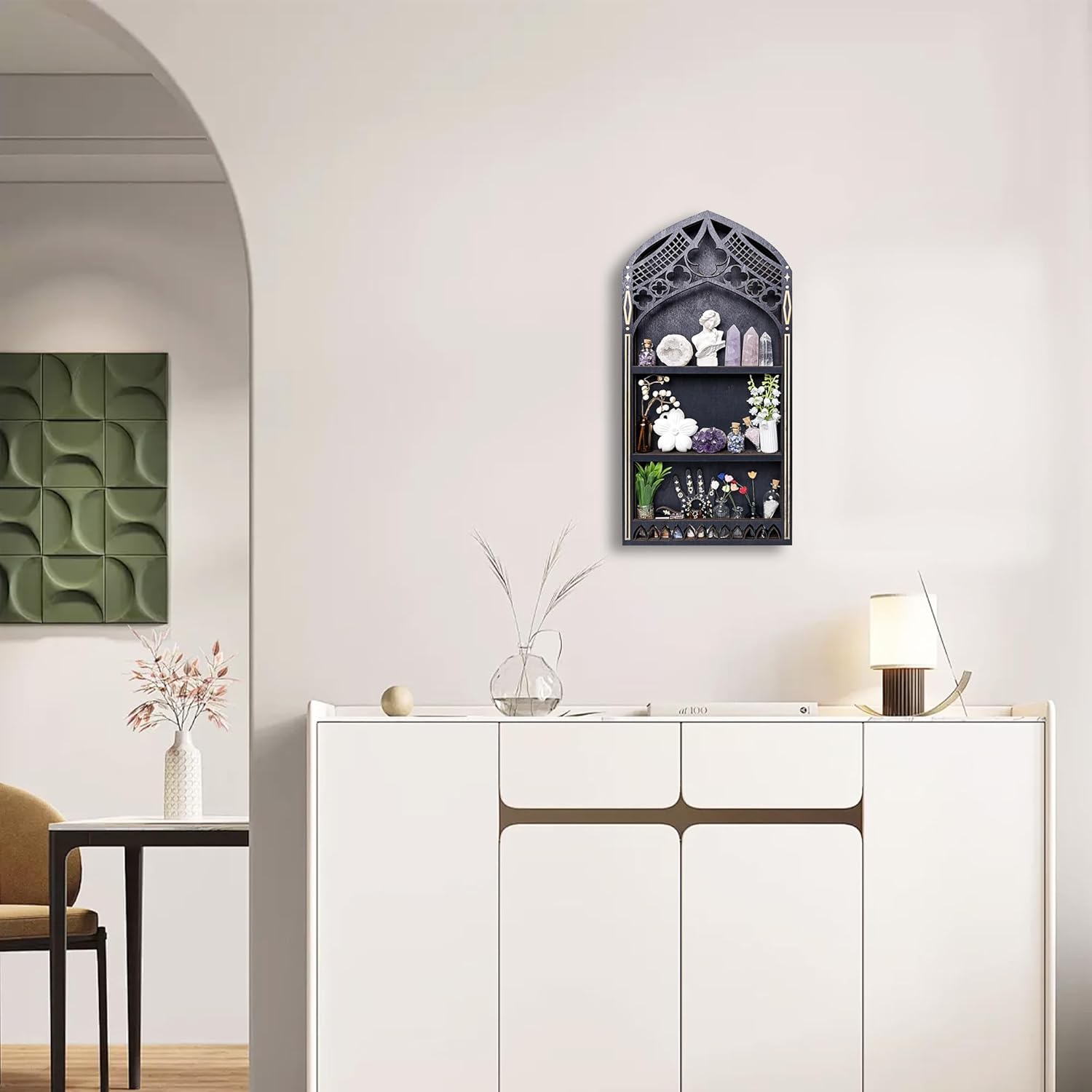 Gothic Window Crystal Shelf Display for Wall, Wooden Gem Stone Rock Storage Holder Trinkets Organizer, Wall Mount Stand Case Box for Witch Wiccan Decor, Spiritual Gift for Home Bedroom Living Room