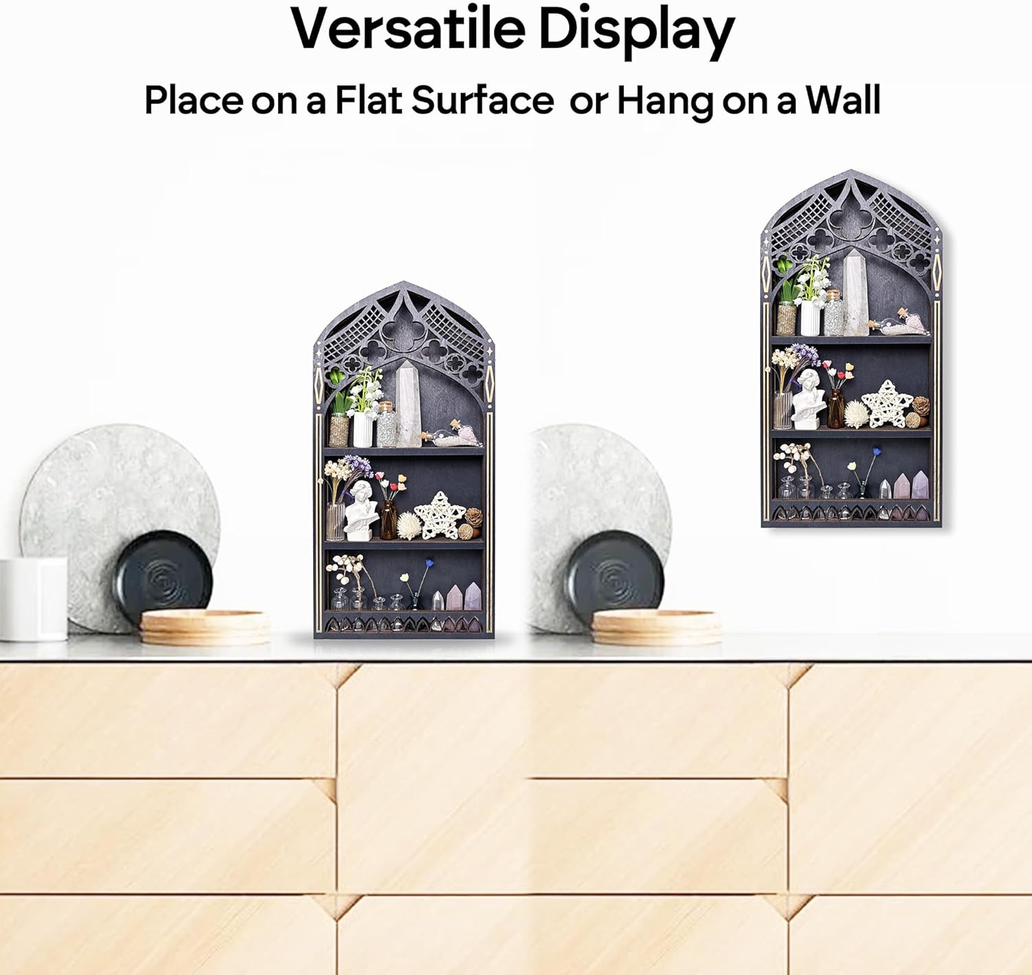 Gothic Window Crystal Shelf Display for Wall, Wooden Gem Stone Rock Storage Holder Trinkets Organizer, Wall Mount Stand Case Box for Witch Wiccan Decor, Spiritual Gift for Home Bedroom Living Room