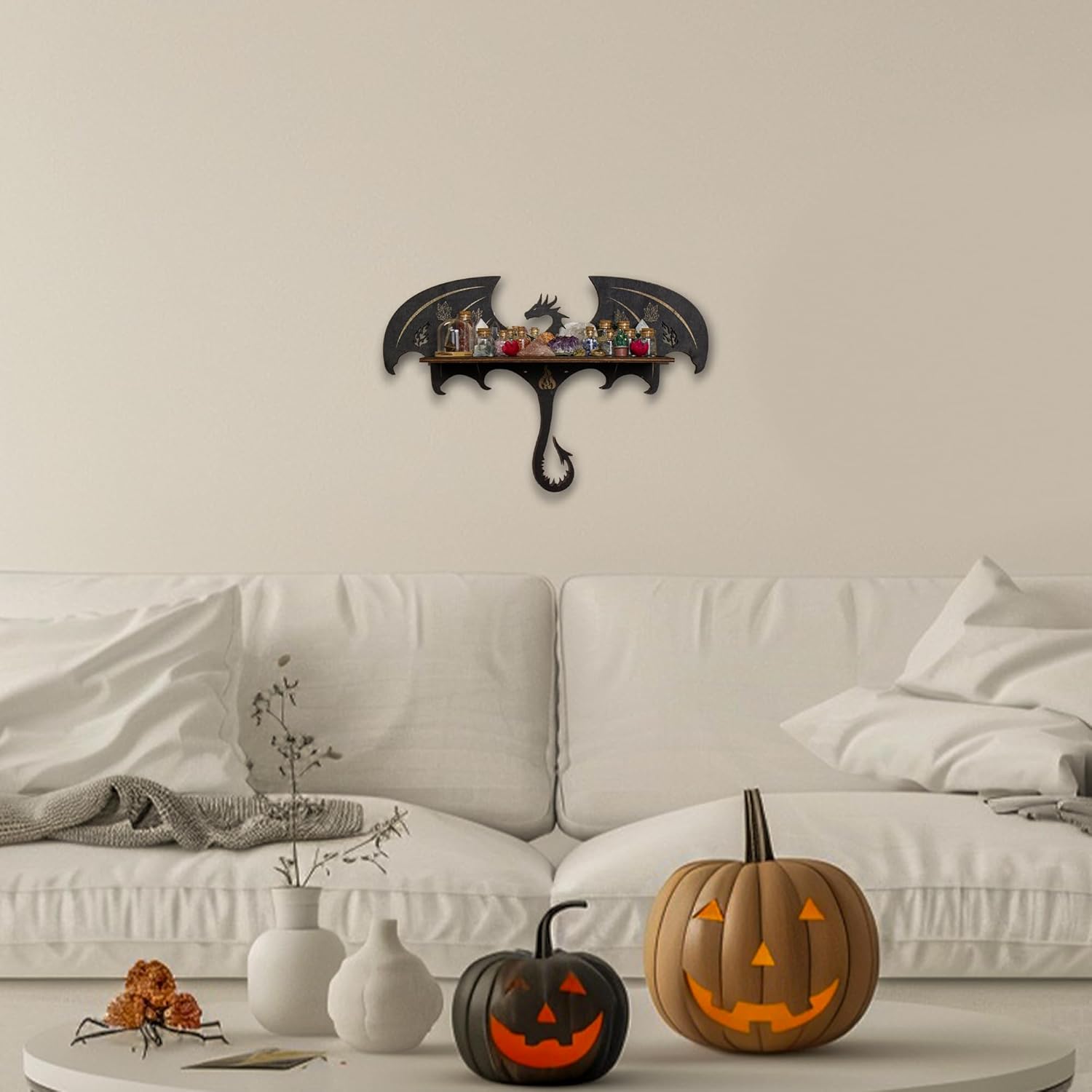 Gothic Evil Dragon Decor Crystal Display Shelf for Wall, Wooden Witchy Shelf Rock Display Case Knick Knack Organizer Trinket Holder, Wall Hanging Shelves for Essential Oil & Nail Polish