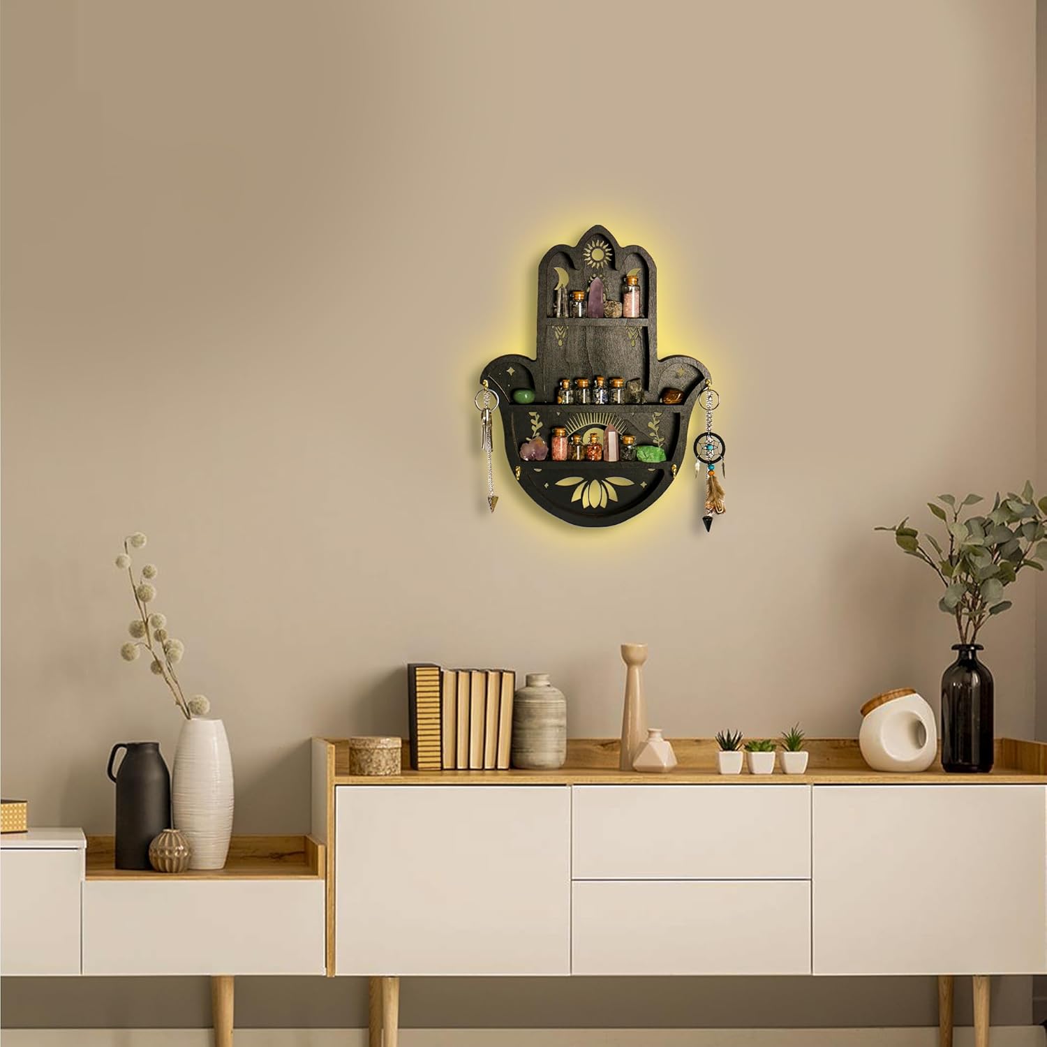 Hamsa Hand Crystal Shelf Display for Wall with 4 Hooks & LED Light, Wooden Knick Knack Display Shelf, Sun & Moon Gem Stone Rock Organizer Trinket Storage Holder
