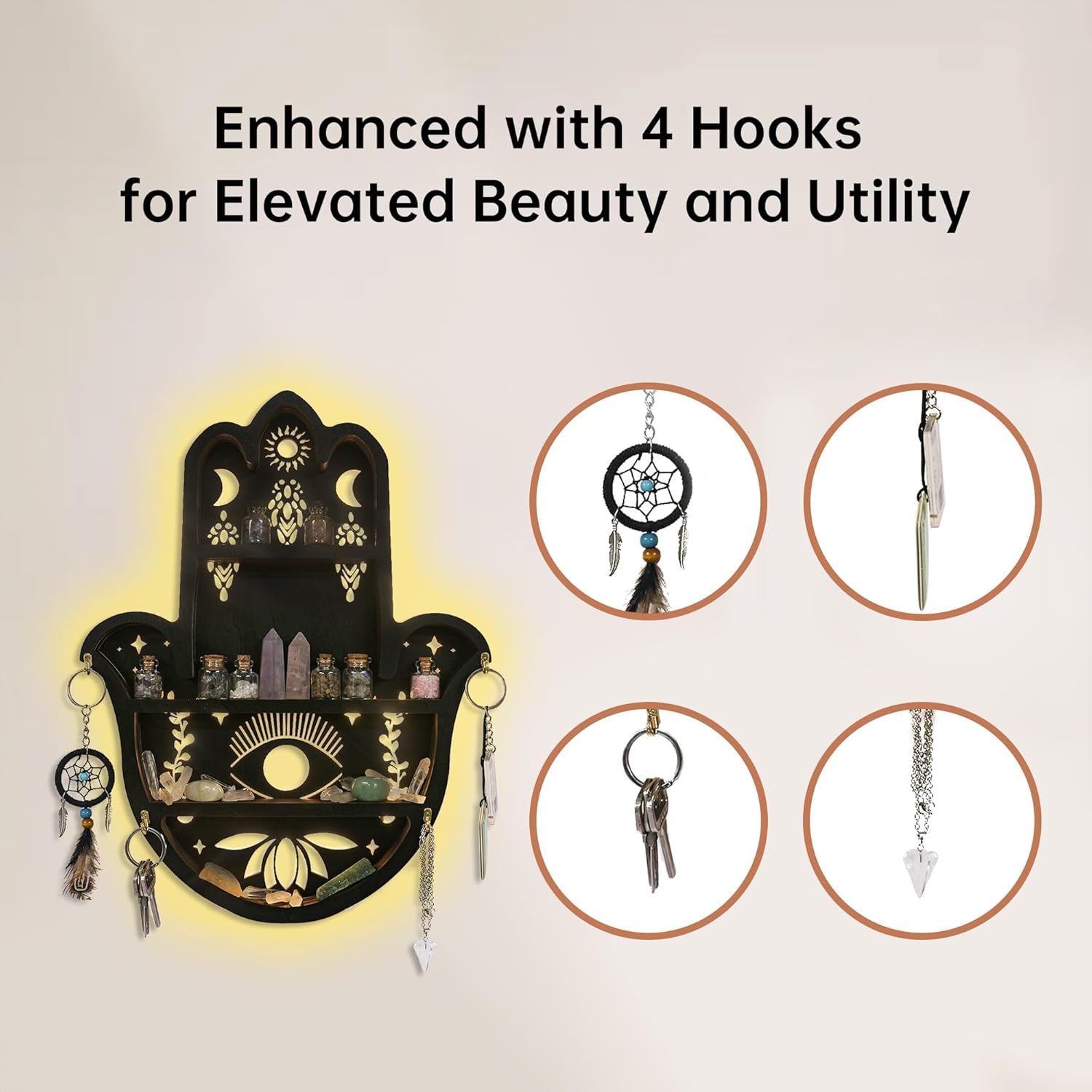 Hamsa Hand Crystal Shelf Display for Wall with 4 Hooks & LED Light, Wooden Knick Knack Display Shelf, Sun & Moon Gem Stone Rock Organizer Trinket Storage Holder