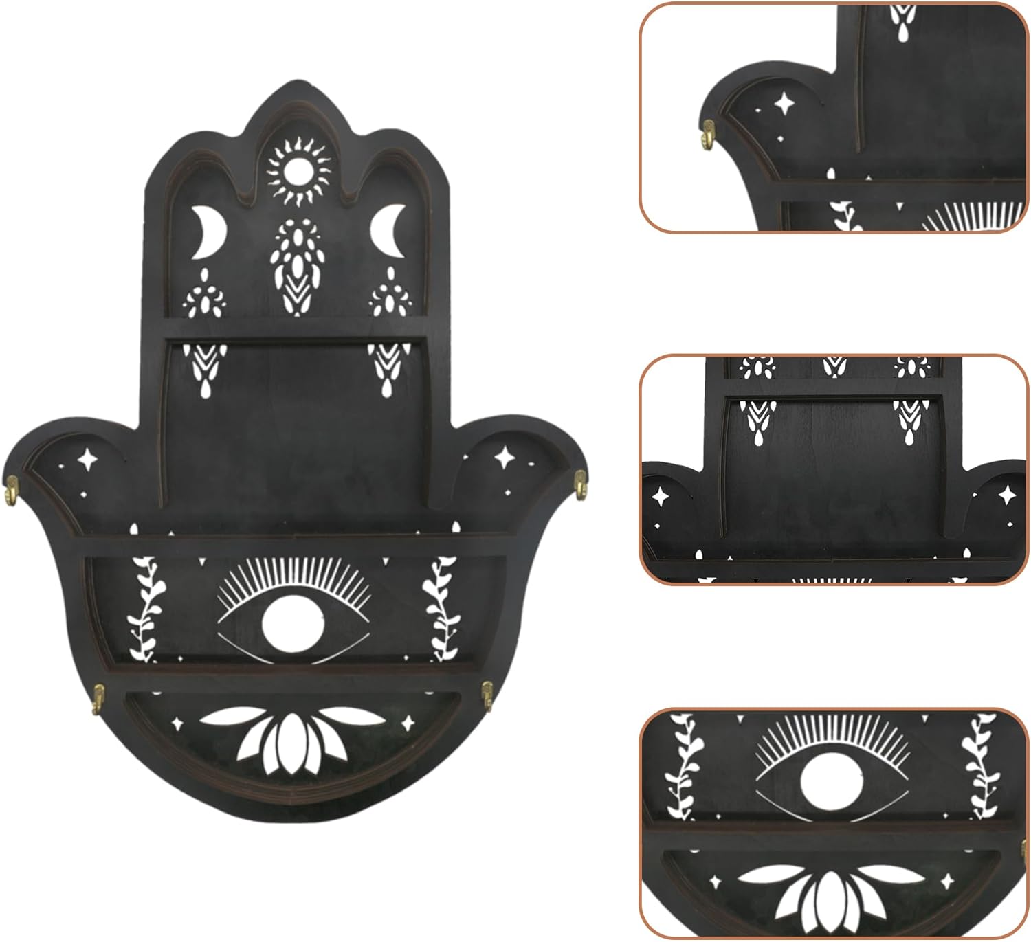 Hamsa Hand Crystal Shelf Display for Wall with 4 Hooks & LED Light, Wooden Knick Knack Display Shelf, Sun & Moon Gem Stone Rock Organizer Trinket Storage Holder