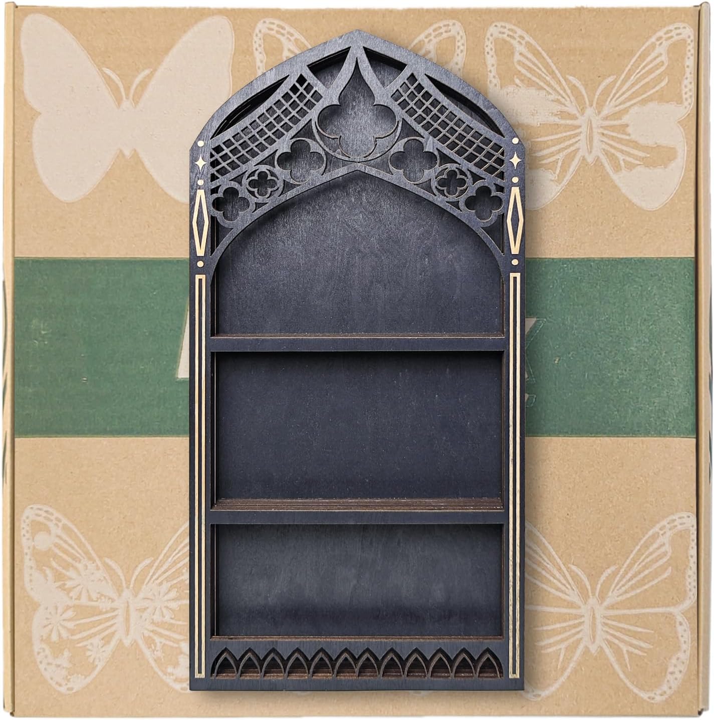 Gothic Window Crystal Shelf Display for Wall, Wooden Gem Stone Rock Storage Holder Trinkets Organizer, Wall Mount Stand Case Box for Witch Wiccan Decor, Spiritual Gift for Home Bedroom Living Room