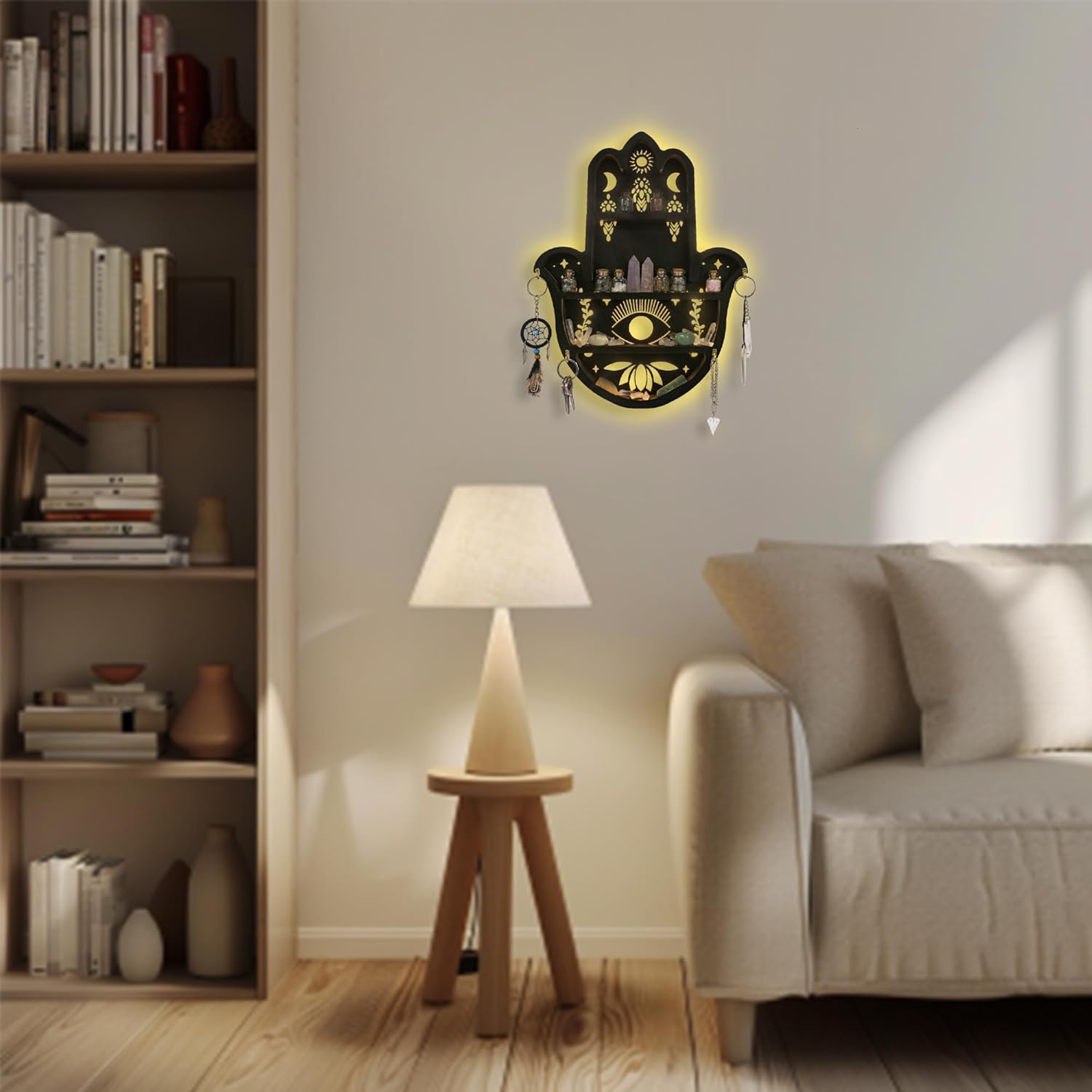 Hamsa Hand Crystal Shelf Display for Wall with 4 Hooks & LED Light, Wooden Knick Knack Display Shelf, Sun & Moon Gem Stone Rock Organizer Trinket Storage Holder