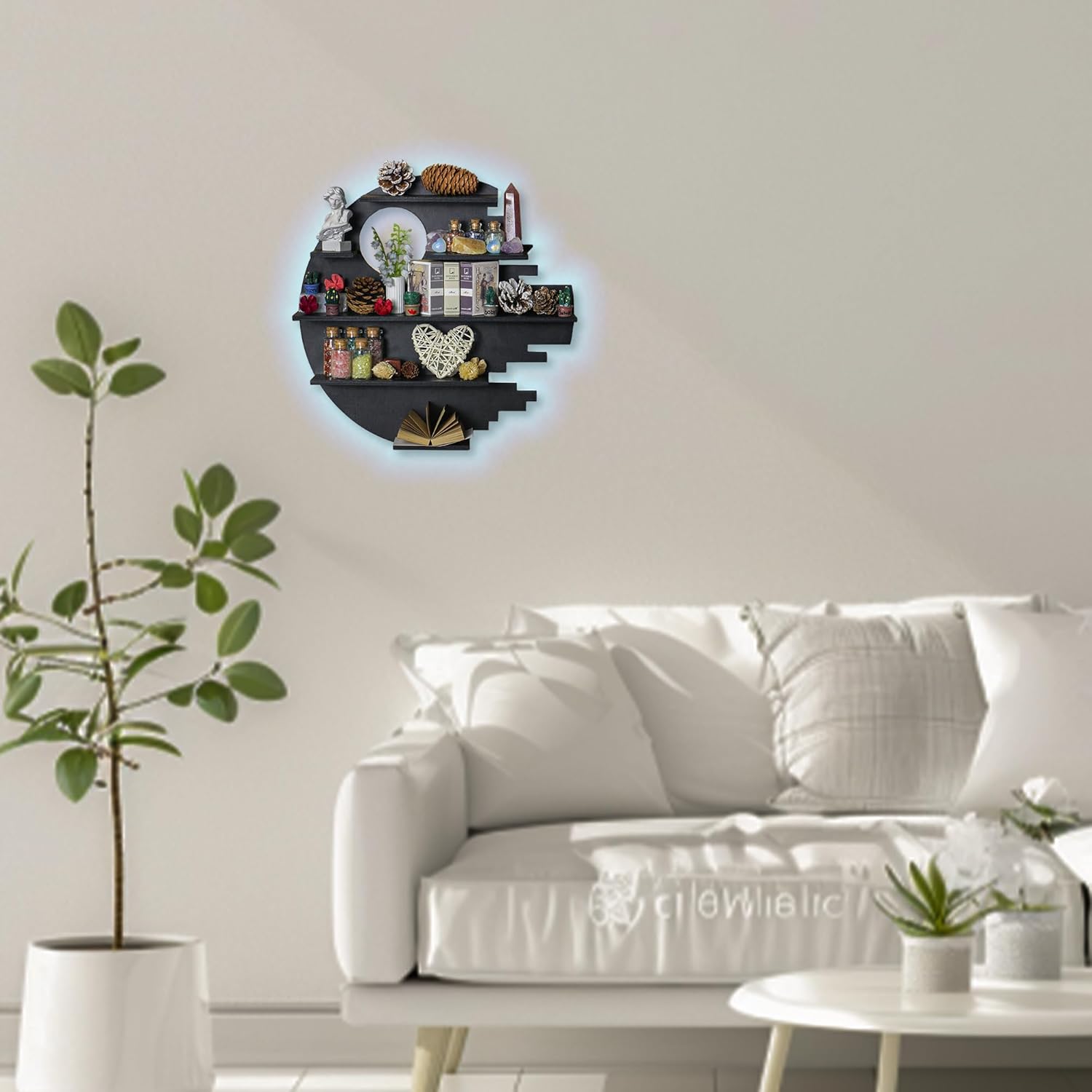 Wooden Moon Shelf with RGB Lights, Crystal Shelf Display for Wall Rock Gem Stone Shelf Witchy Trinkets Holder Boho Wall Decor Floating Shelves for Nail Polish & Essential Oil