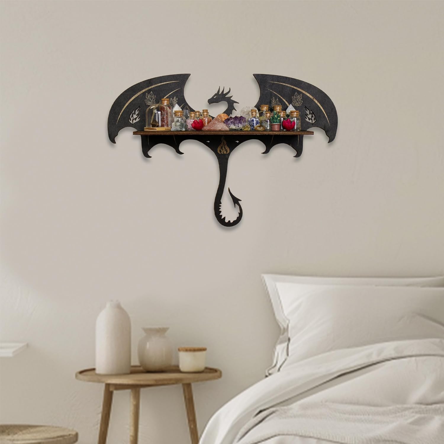 Gothic Evil Dragon Decor Crystal Display Shelf for Wall, Wooden Witchy Shelf Rock Display Case Knick Knack Organizer Trinket Holder, Wall Hanging Shelves for Essential Oil & Nail Polish