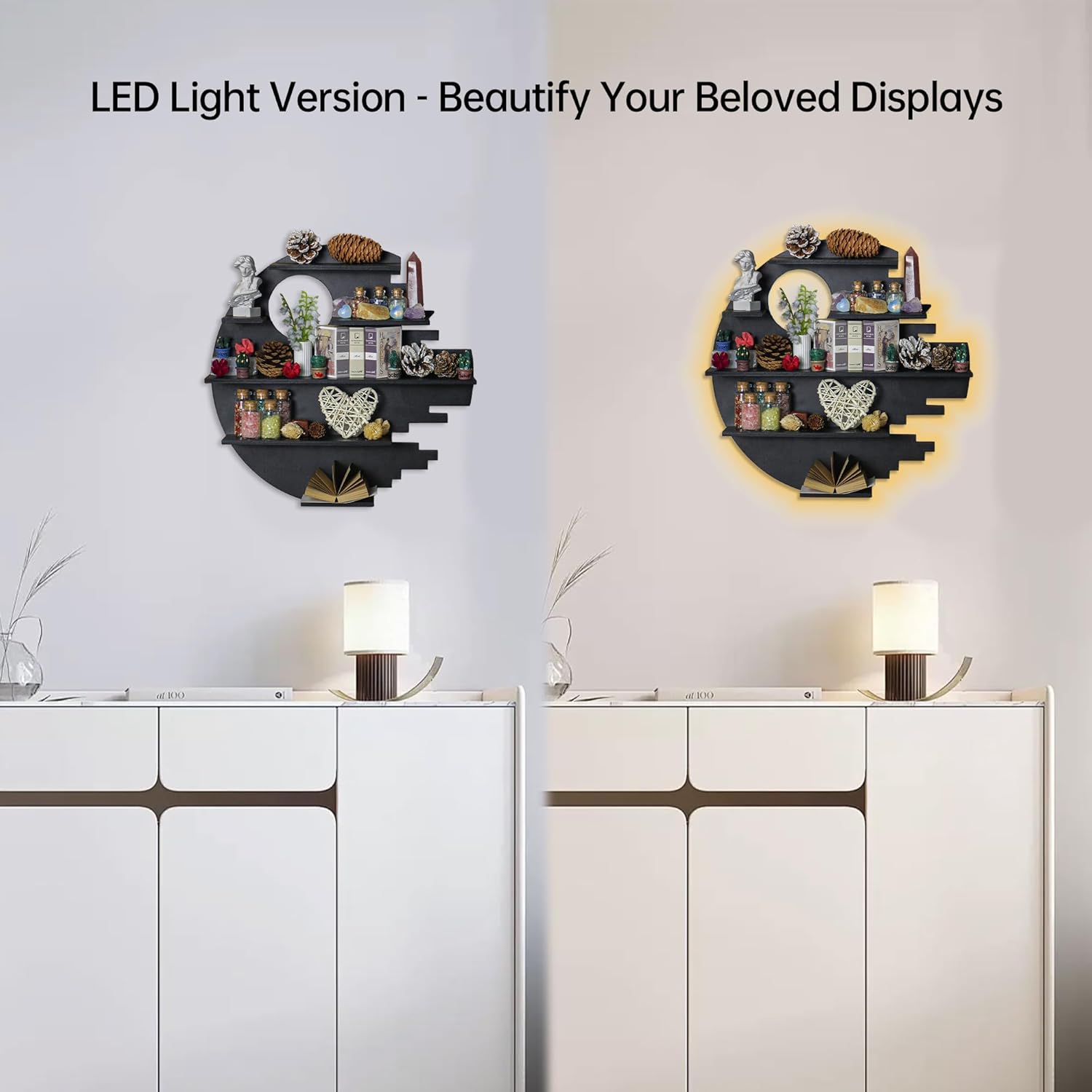 Wooden Moon Shelf with RGB Lights, Crystal Shelf Display for Wall Rock Gem Stone Shelf Witchy Trinkets Holder Boho Wall Decor Floating Shelves for Nail Polish & Essential Oil