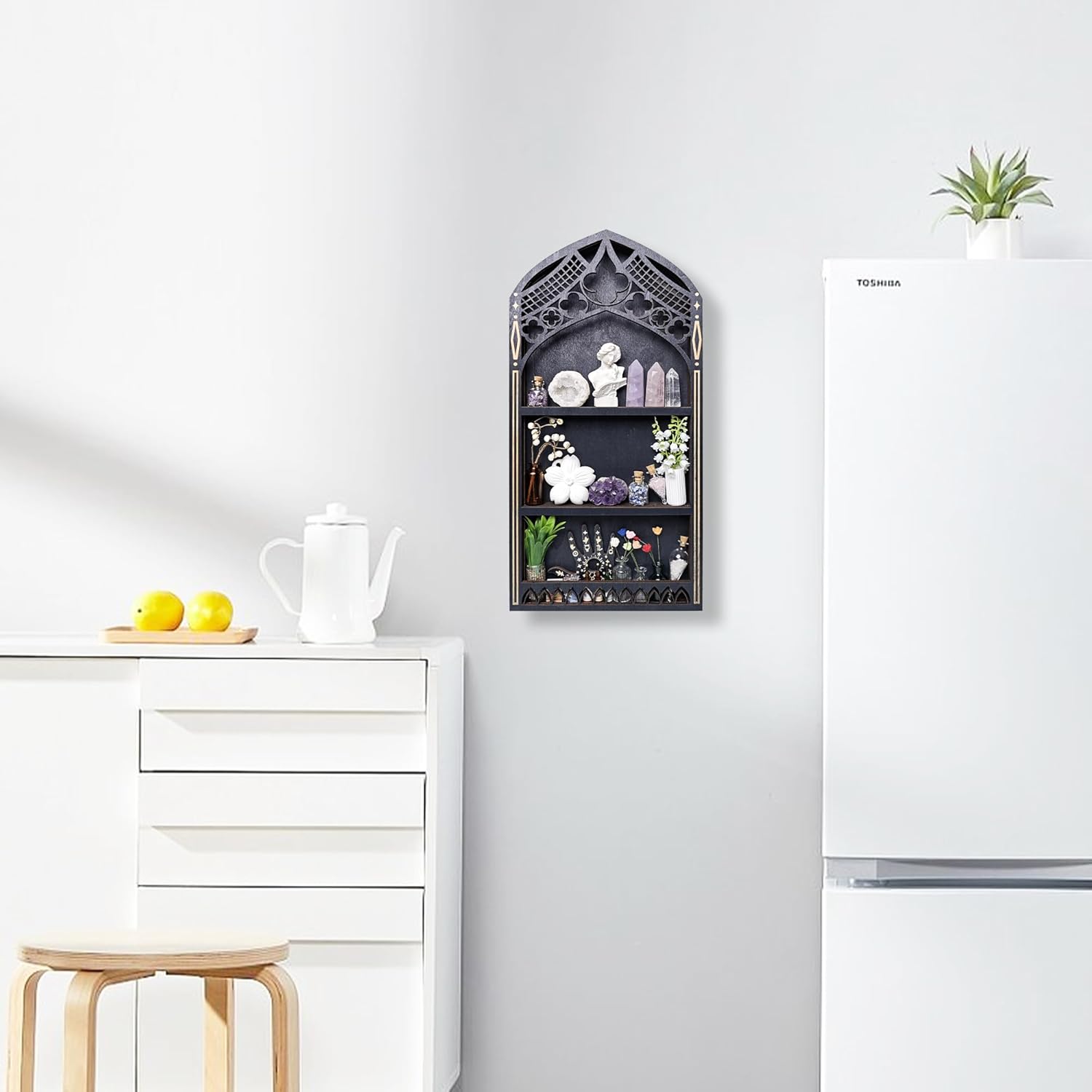 Gothic Window Crystal Shelf Display for Wall, Wooden Gem Stone Rock Storage Holder Trinkets Organizer, Wall Mount Stand Case Box for Witch Wiccan Decor, Spiritual Gift for Home Bedroom Living Room