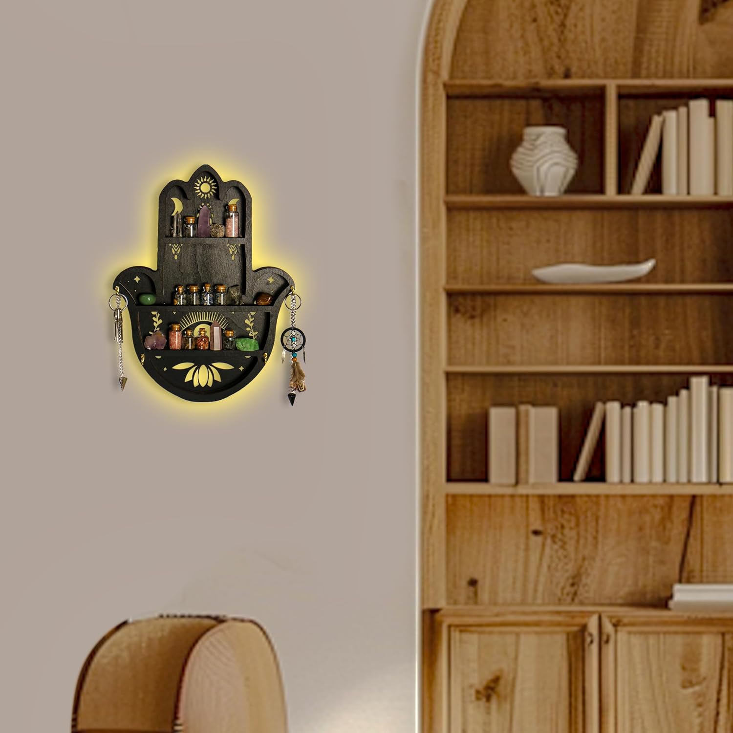 Hamsa Hand Crystal Shelf Display for Wall with 4 Hooks & LED Light, Wooden Knick Knack Display Shelf, Sun & Moon Gem Stone Rock Organizer Trinket Storage Holder