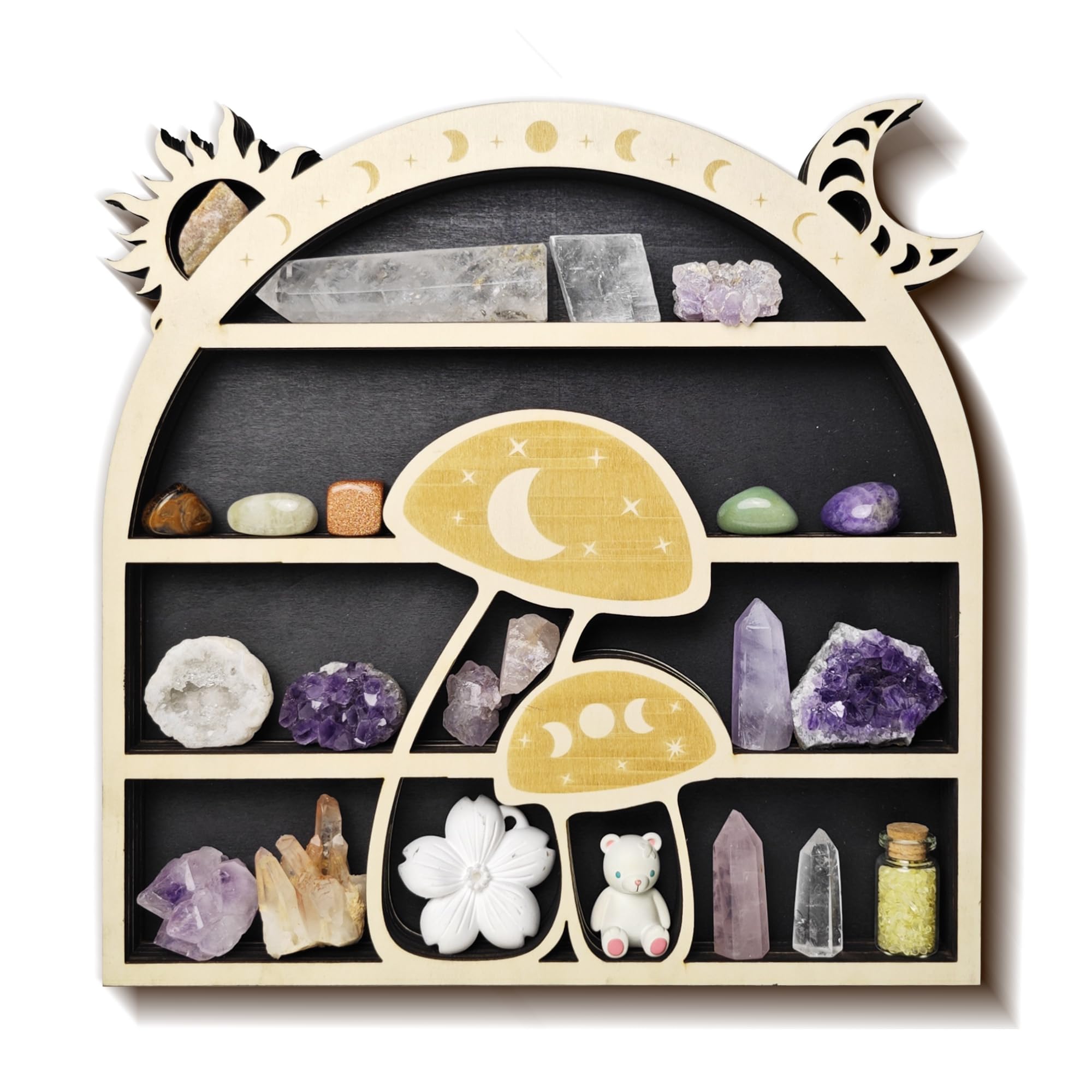 Cute Mushroom Decor, Wooden Mushroom Floating Shelves for Wall, Moon Shelf Wall Decor Crystal Rock Gem Stone Display Shelf, Trinket Knick Knack Shelf, Mushroom Gifts for Mushroom Lovers