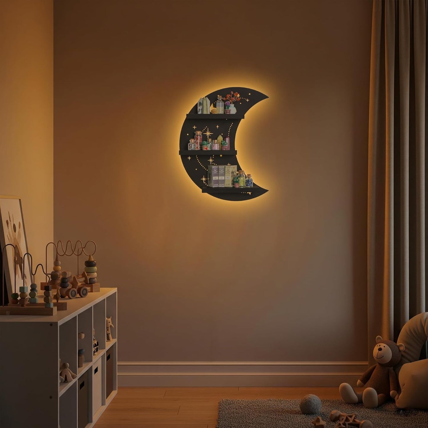 Crescent Moon Shelf with LED Light, Trinket Display Shelf & Moon Wall Light for Rocks Gems Healing Stones Crystals Display, Celestial Decor Crystal Holder Witchy Wall Decor