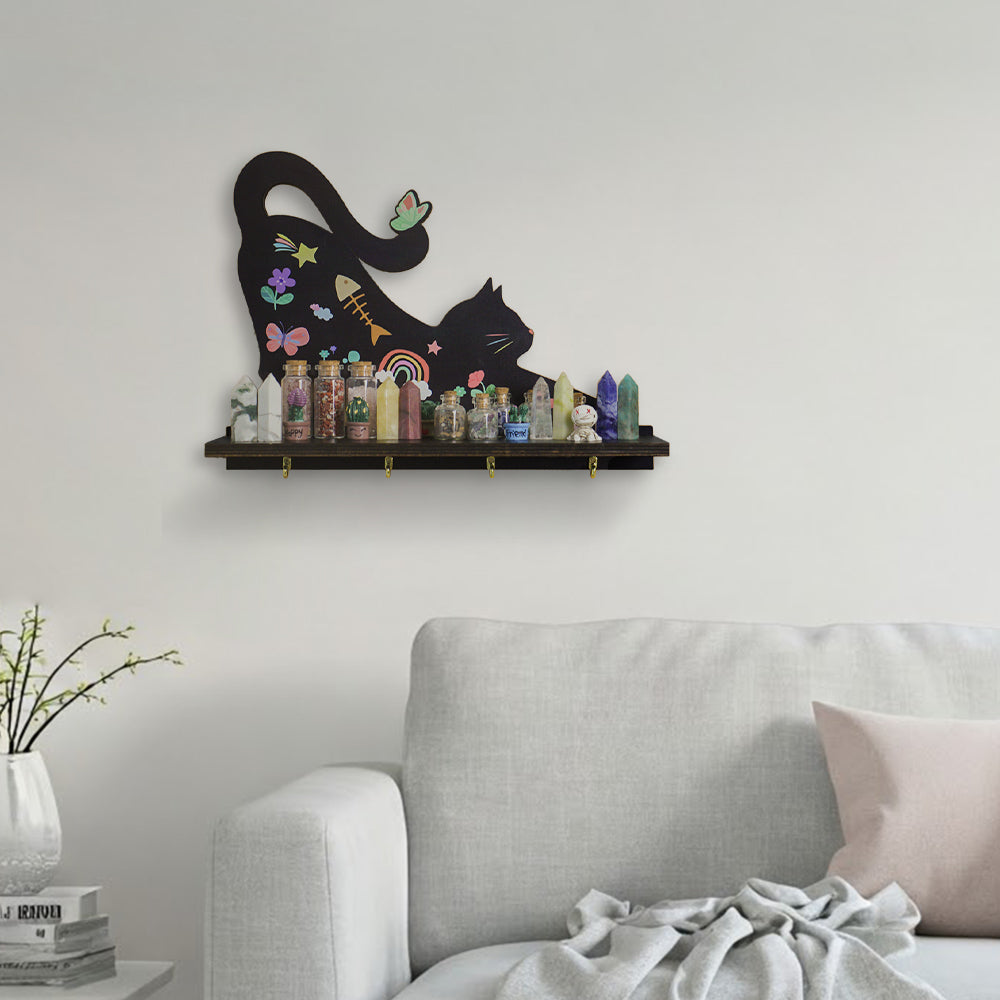 Wooden Floating Shelves for Wall, Cat Shape Wall Shelf Wall Decor Crystal Rock Gem Stone Display Shelf, Trinket Knick Knack Shelf