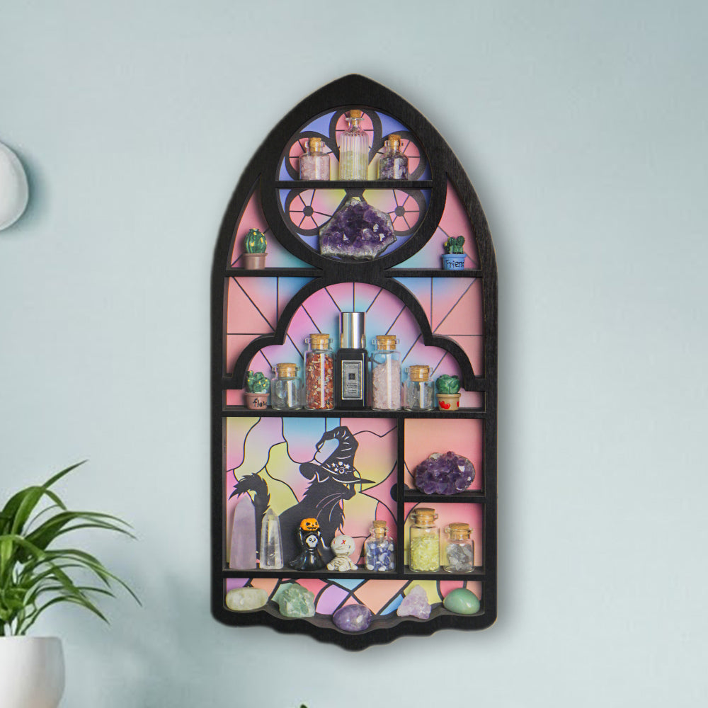 Wooden Floating Shelves for Wall, Cat Shape Wall Shelf Wall Decor Crystal Rock Gem Stone Display Shelf, Trinket Knick Knack Shelf