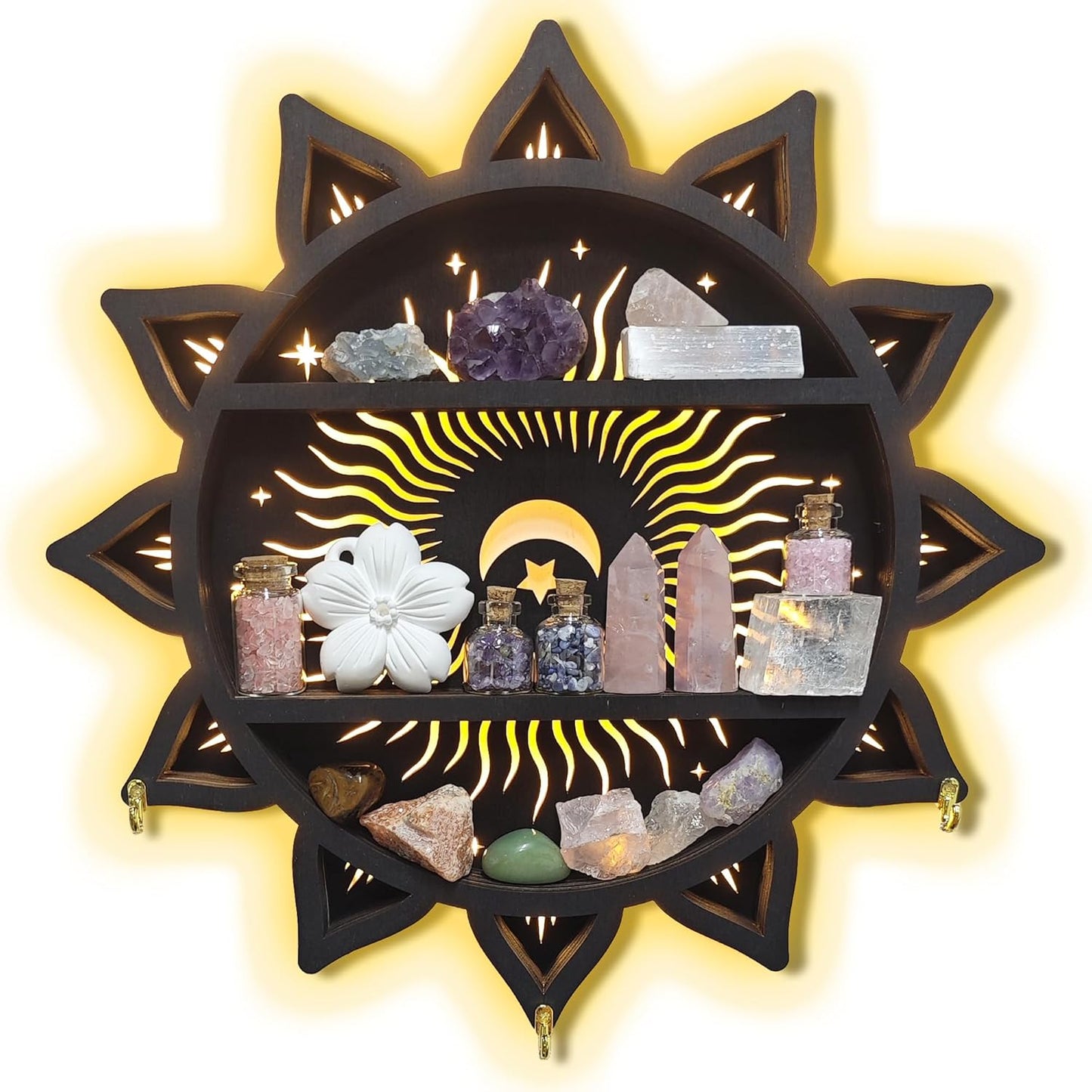 Chakra Lotus Flower Crystal Display Shelf with LED Light, Witchy Home Decor Boho Decorative Wall Mounted Trinket Shelf Wooden Sun Moon Shelf Rock Case Stone Storage Floating Hanging Holder