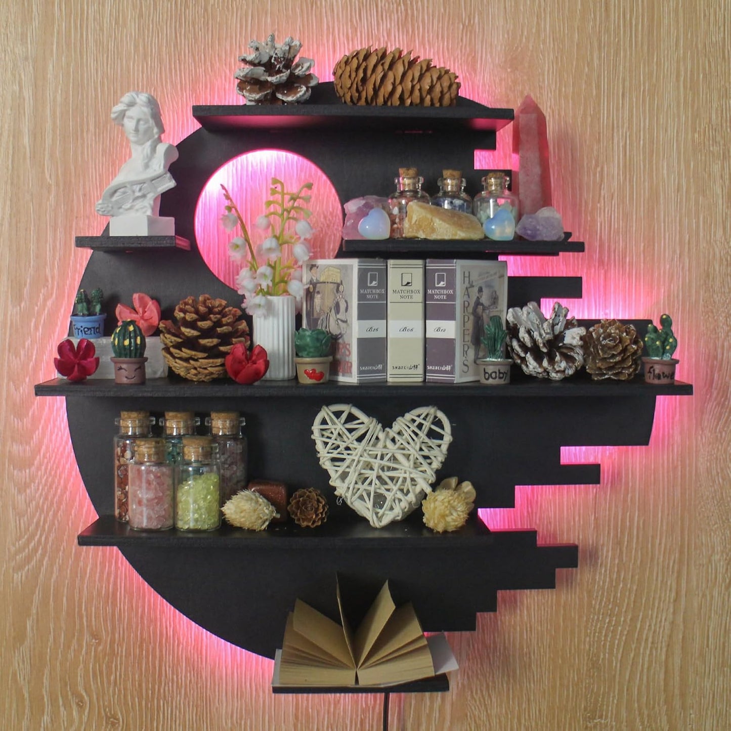 Wooden Moon Shelf with RGB Lights, Crystal Shelf Display for Wall Rock Gem Stone Shelf Witchy Trinkets Holder Boho Wall Decor Floating Shelves for Nail Polish & Essential Oil