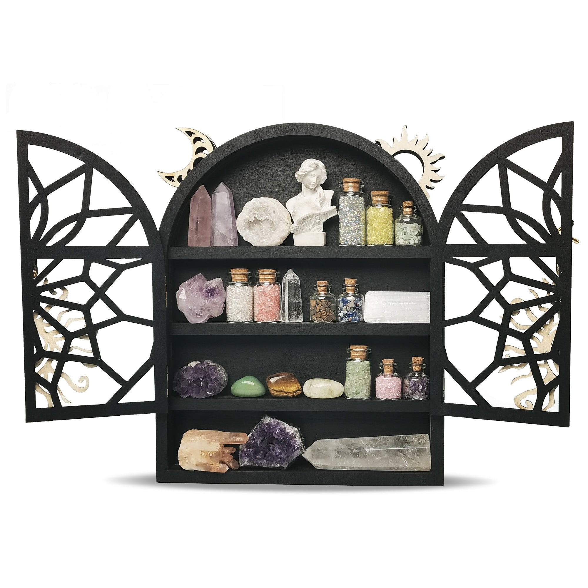 Sun & Moon Shelf, Crystal Display Shelf Wall Mounted , Wooden Crescent Moon Phase Shelf Display Cabinet for Gem Stone Rock Collection, Crystal Holder Vintage Arch Shelf Spiritual Home Room Wall Decor
