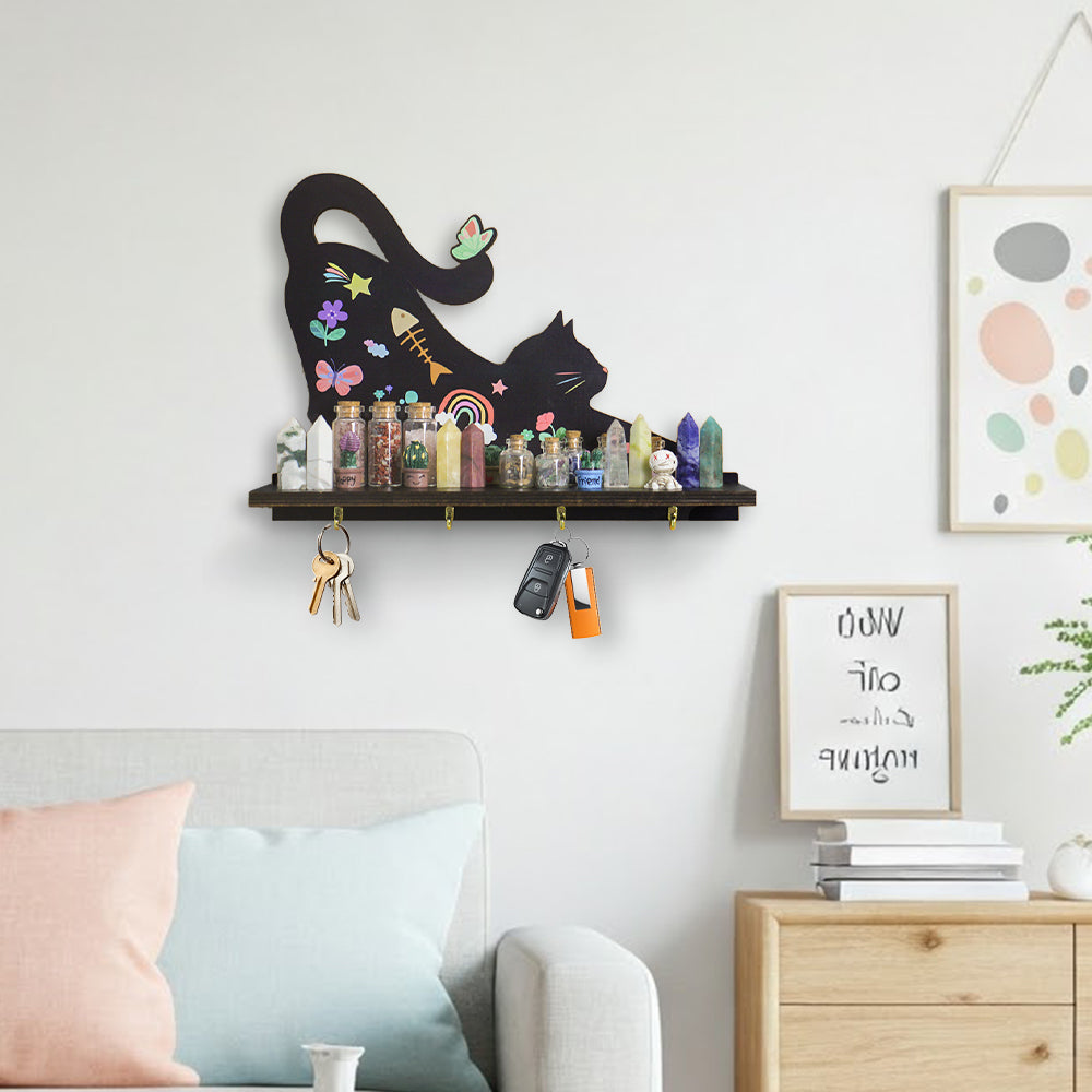 Wooden Floating Shelves for Wall, Cat Shape Wall Shelf Wall Decor Crystal Rock Gem Stone Display Shelf, Trinket Knick Knack Shelf