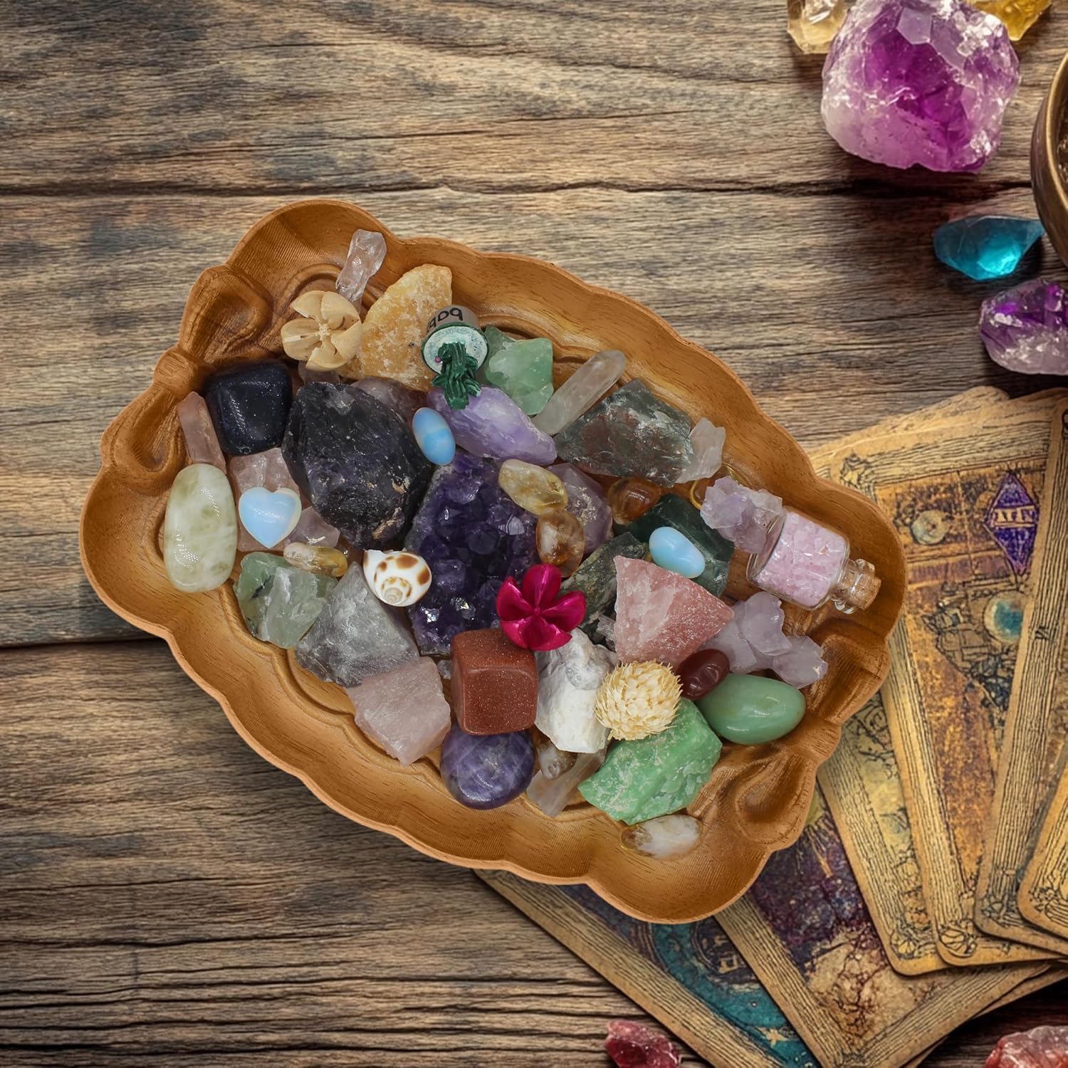 Bow Tie Crystal Storage Tray, Crystal Holder Organizer for Rocks, Gems, and Stones; Wooden Offering Bowl for Crystals Display, Decorative Bowl for Jewelry, Essential Oil and Nail Polish