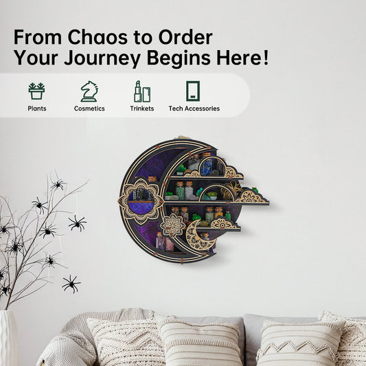 FNYDOXGI Wooden Floating Shelf, Gothic Trinket Display Shelf & Crescent Moon Wall Decor For Rocks Gems Healing Stones Crystals Display, Celestial Decor Crystal Holder Witchy Wall Decor