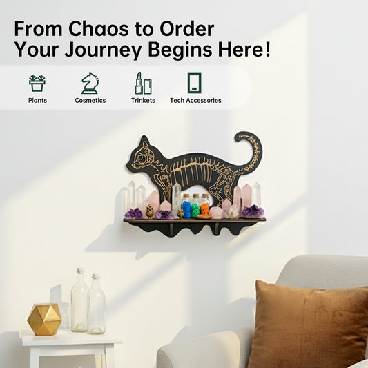 FNYDOXGI Skeleton Cat Crystal Display Shelf, Rock Gem Stone Holder, Essential Oils Nail Polish Organizer, Trinket Knick Knack Shelf Wall Mounted, Witch Witchy Wiccan Home Decor