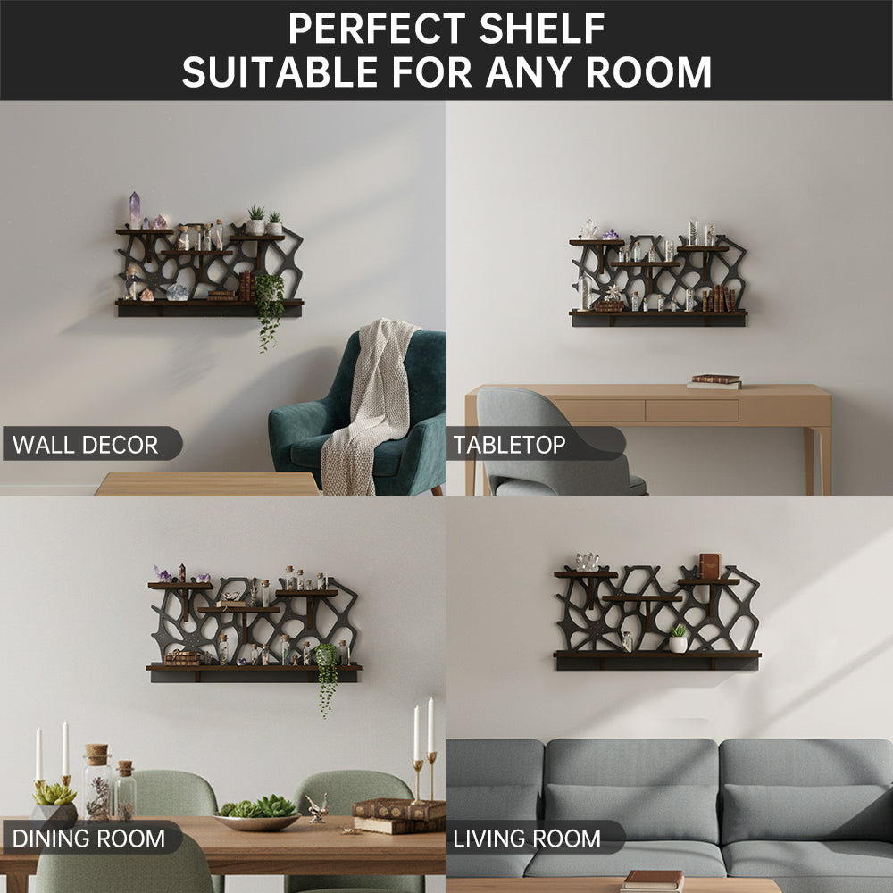 Spider Web Floating Shelf - FNYDOXGI Gothic Halloween Hanging Shelf with Hooks for Wall Oddities and Curiosities - Black Spooky Goth Wall Decor for Kitchen and Home - Crystal Display Shelf for Stones