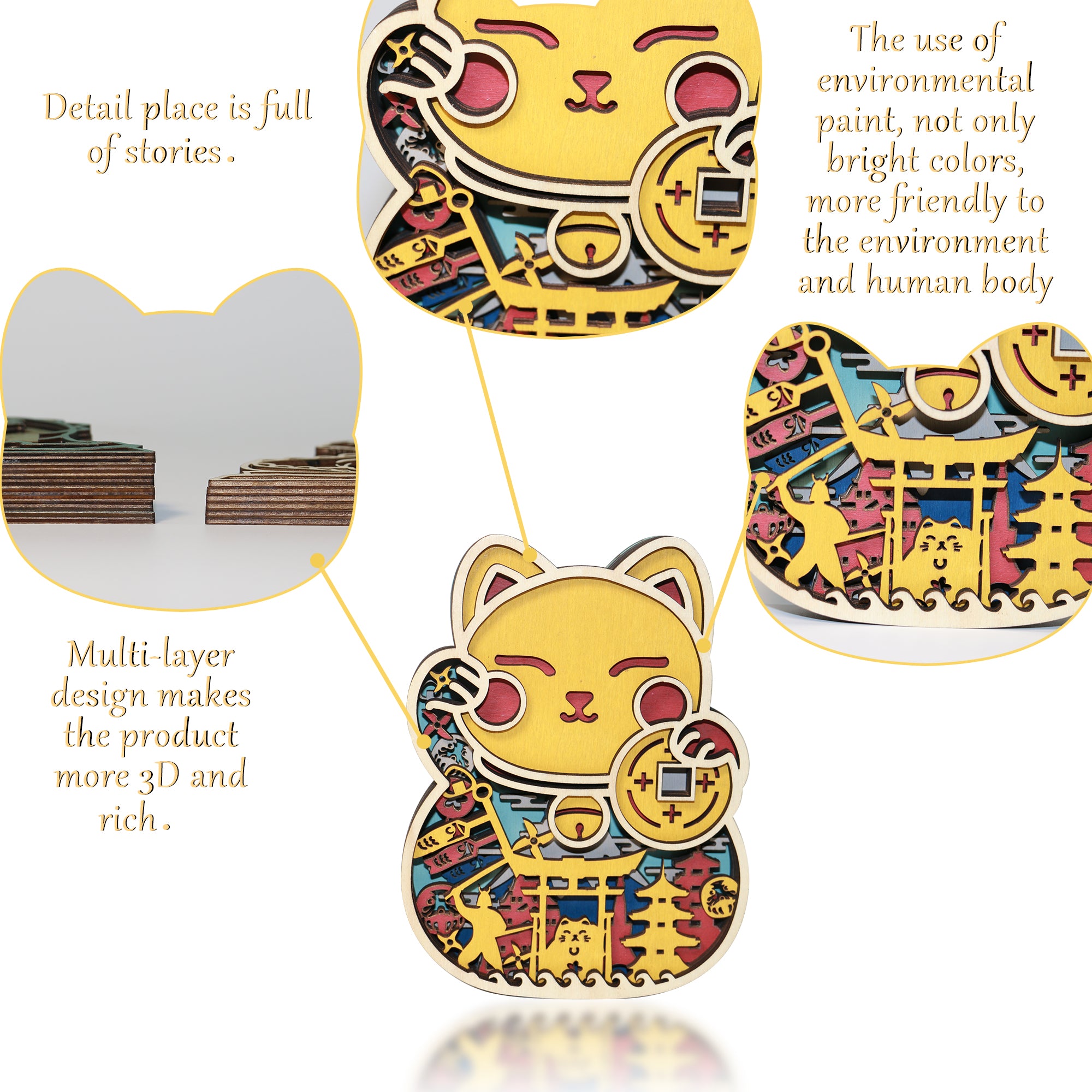 Wooden Fortune Cat Carving Handcraft Gift