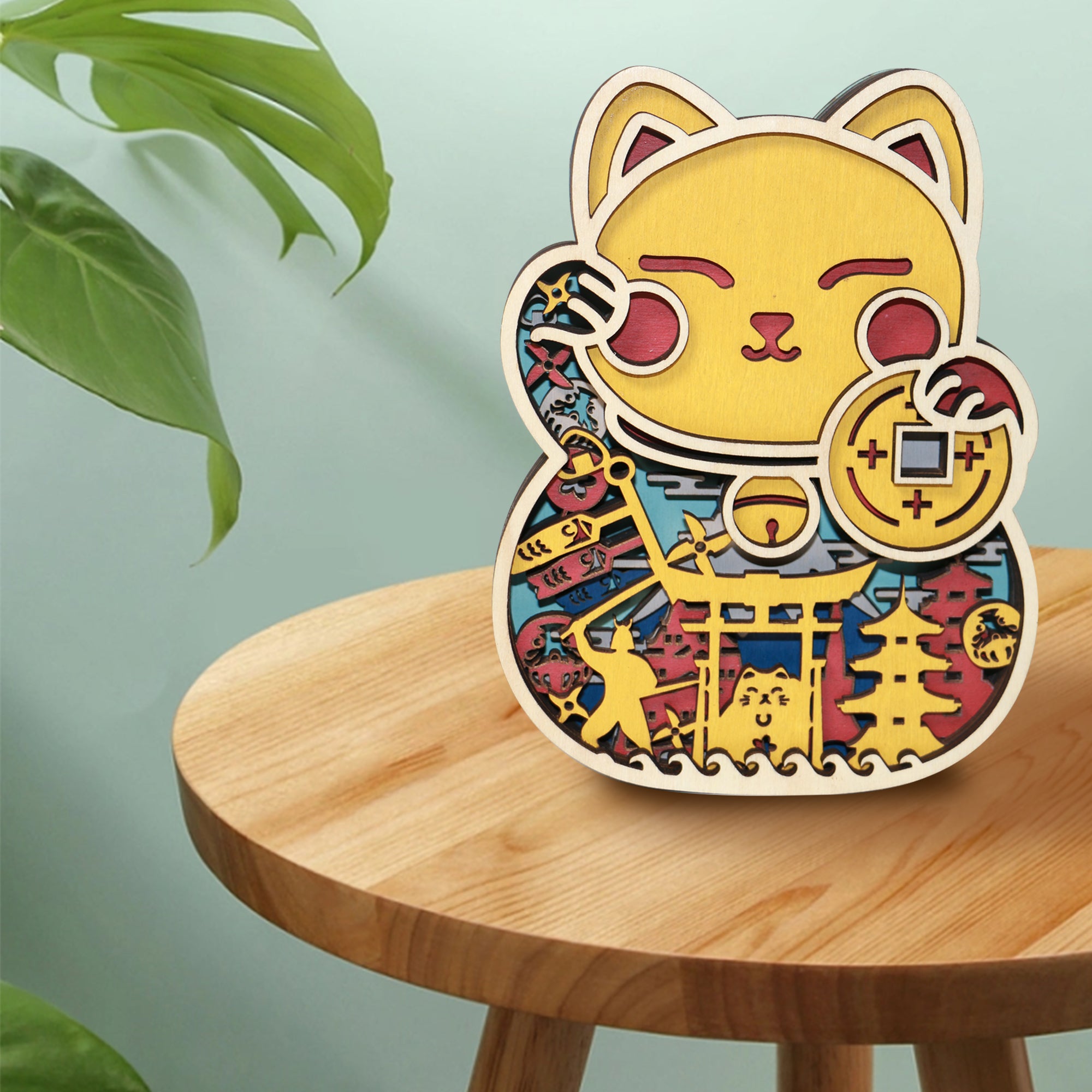 Wooden Fortune Cat Carving Handcraft Gift
