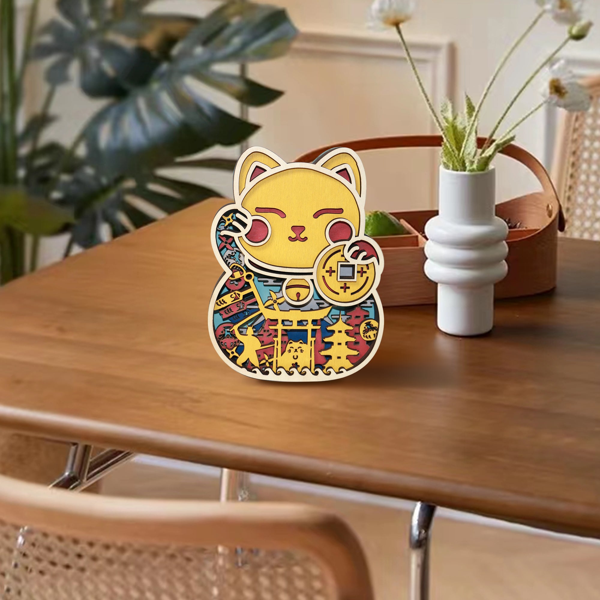 Wooden Fortune Cat Carving Handcraft Gift