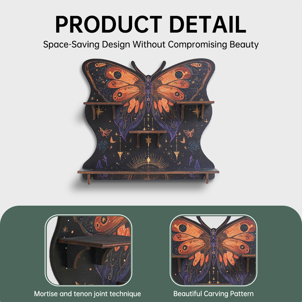 FNYDOXGI Butterfly Crystal Shelf Display, Boho Pine Wood Wall Floating Shelves With Light For Gem Stone Essential Oil Storage, Bohemian Wooden Butterfly Hanging Witch Rustic Decor Holder