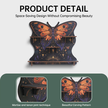 FNYDOXGI Butterfly Crystal Shelf Display, Boho Pine Wood Wall Floating Shelves With Light For Gem Stone Essential Oil Storage, Bohemian Wooden Butterfly Hanging Witch Rustic Decor Holder