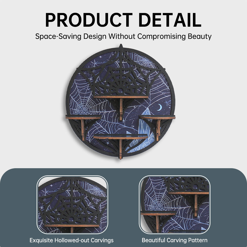 [Floating Shelf]1pc Wooden Wall Shelf, Halloween Decor, Spider Web Crystal Display Shelf For Living Room, Bedroom, Rock Gem Stone Desktop Storage Organizer, Essential Oil Holder Hanging Case, Meditation Art Spiritual Gift, Wall Decoration