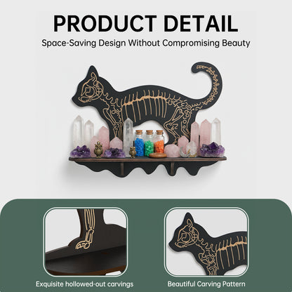 FNYDOXGI Skeleton Cat Crystal Display Shelf, Rock Gem Stone Holder, Essential Oils Nail Polish Organizer, Trinket Knick Knack Shelf Wall Mounted, Witch Witchy Wiccan Home Decor
