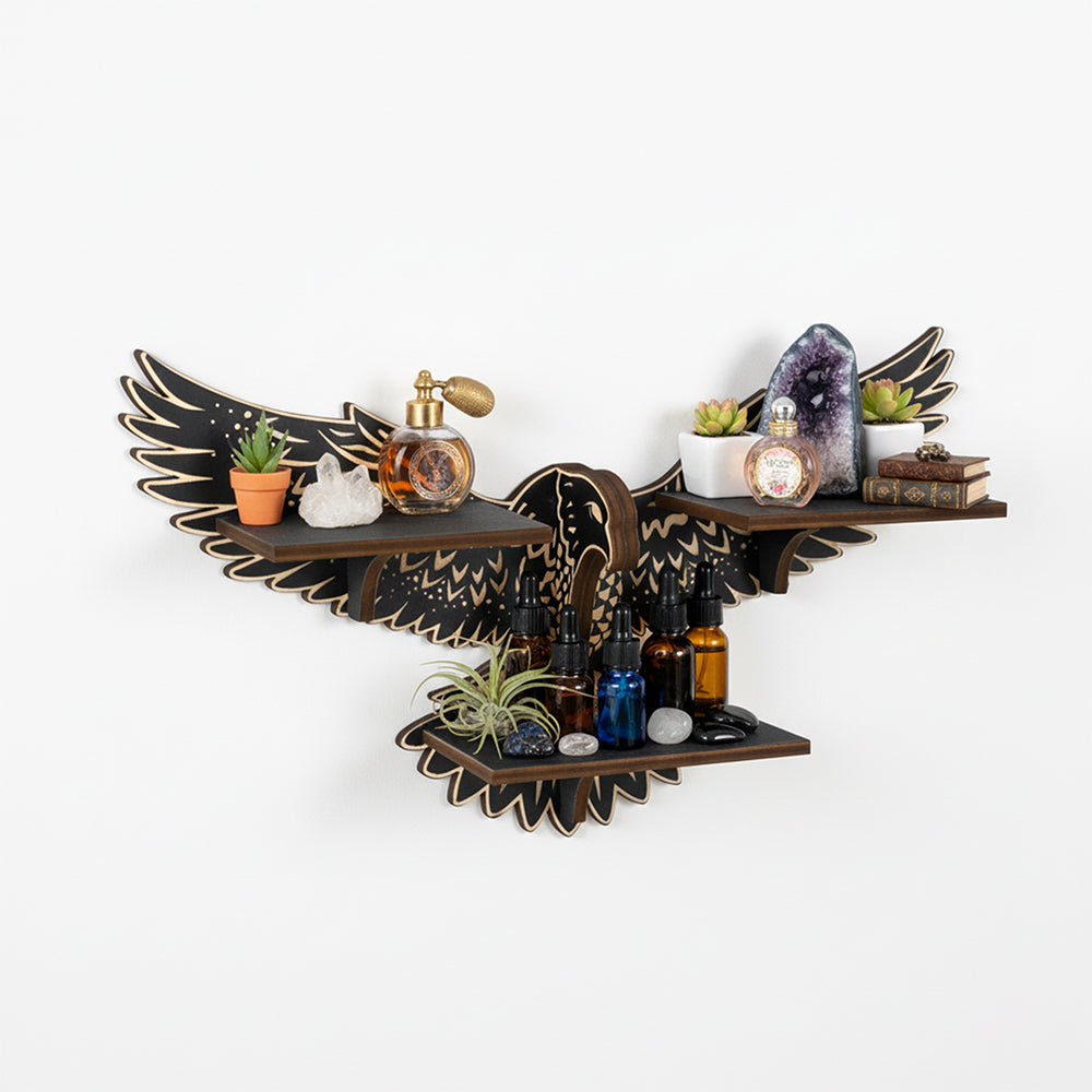 Griffin Floating Shelf - Gothic Halloween Hanging Shelf with Hooks for Wall Oddities and Curiosities - Black Spooky Goth Wall Decor for Kitchen and Home - Crystal Display Shelf for Stones