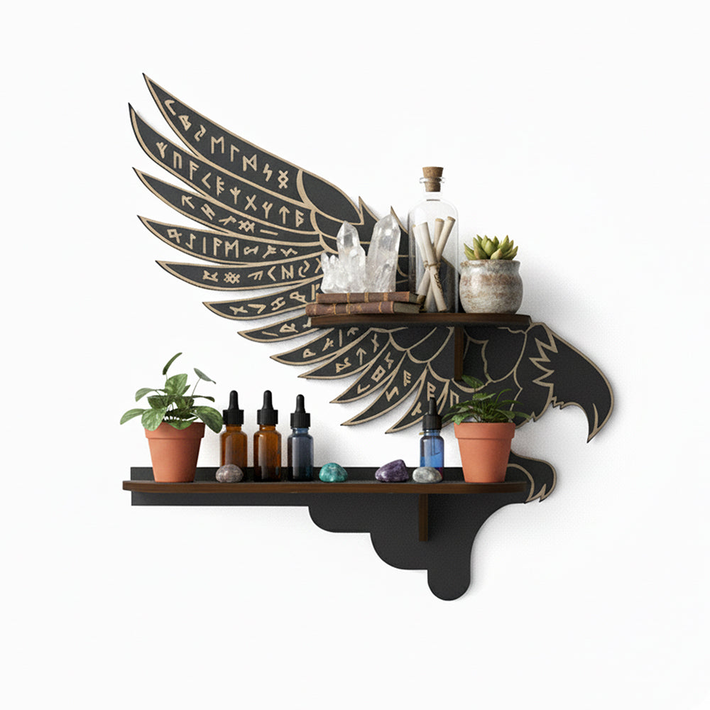 Griffin Floating Shelf - Gothic Halloween Hanging Shelf with Hooks for Wall Oddities and Curiosities - Black Spooky Goth Wall Decor for Kitchen and Home - Crystal Display Shelf for Stones