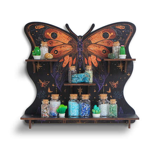 FNYDOXGI Butterfly Crystal Shelf Display, Boho Pine Wood Wall Floating Shelves With Light For Gem Stone Essential Oil Storage, Bohemian Wooden Butterfly Hanging Witch Rustic Decor Holder
