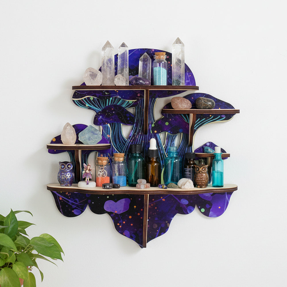 Wiccan Mushroom Decor, Wooden Floating Mushroom Shelf For Wall, Crystal Display Shelf Rock Gem Stone Display Shelf Wall Mounted